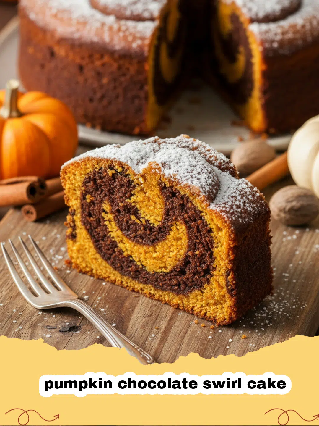 A beautiful pumpkin chocolate swirl cake with a marbled interior on a wooden serving platter.