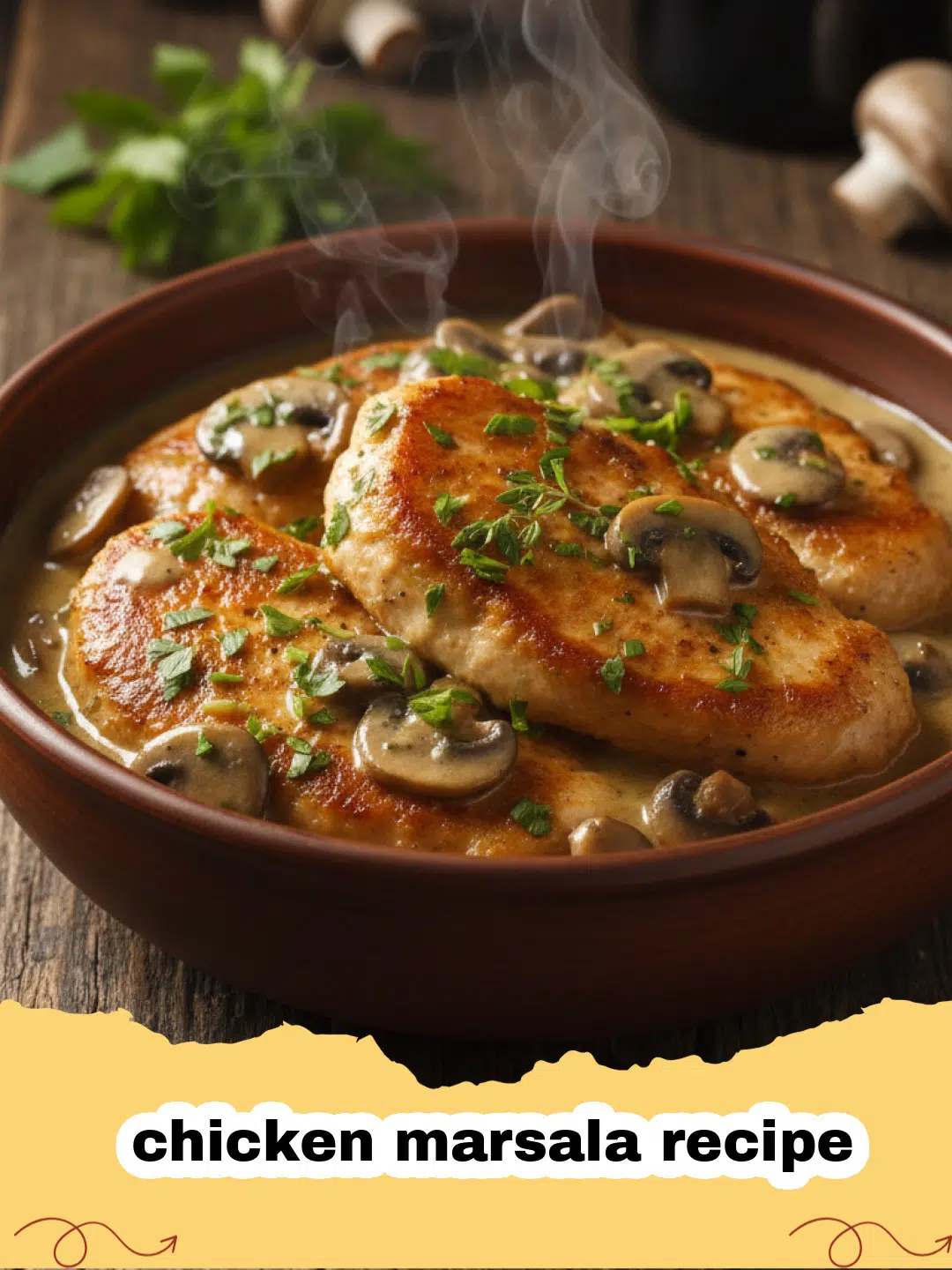 chicken marsala recipe - A close up shot of chicken marsala with mushrooms and sauce in a skillet