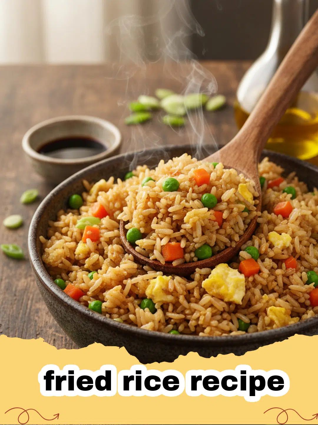 fried rice recipe - A steaming bowl of homemade fried rice with peas, carrots, and scrambled eggs