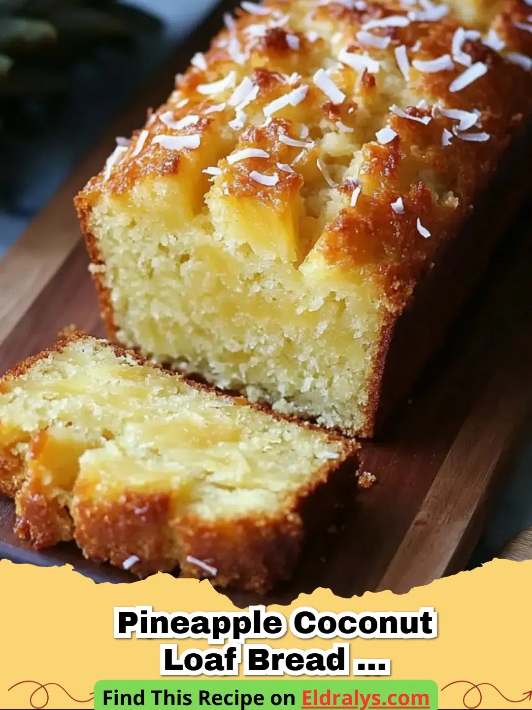 A golden brown slice of Pineapple Coconut Loaf Bread for Tropical Bliss on a plate