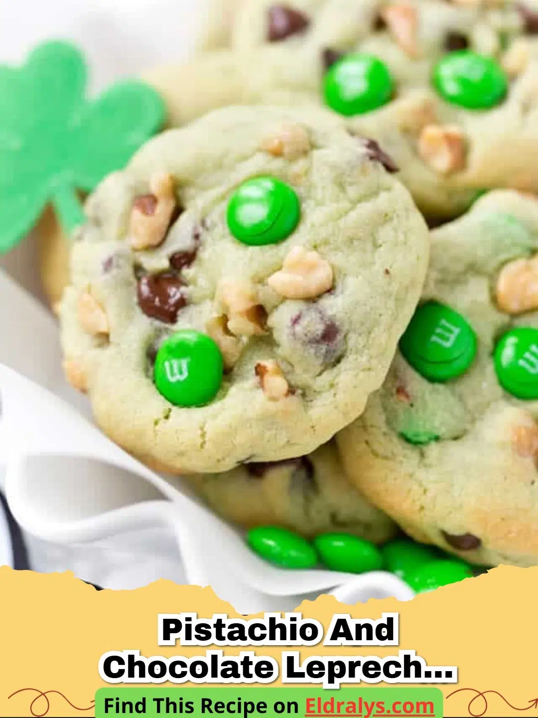 A close up shot of Pistachio and Chocolate Leprechaun Cookies on a green plate