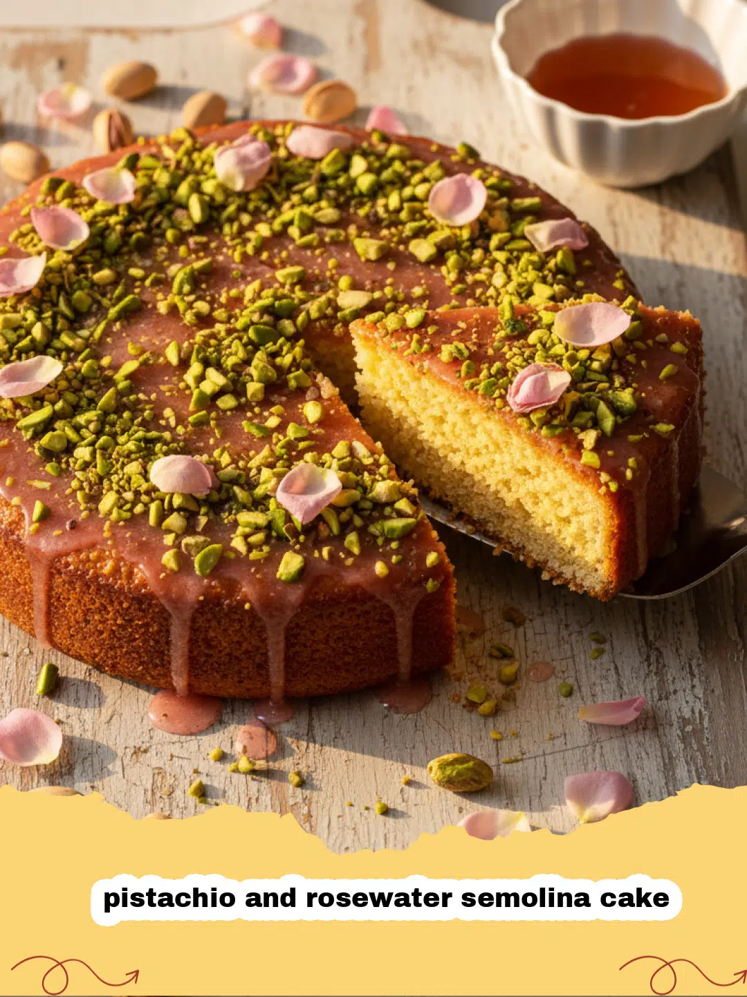 A golden-brown pistachio and rosewater semolina cake topped with vibrant green crushed pistachios.