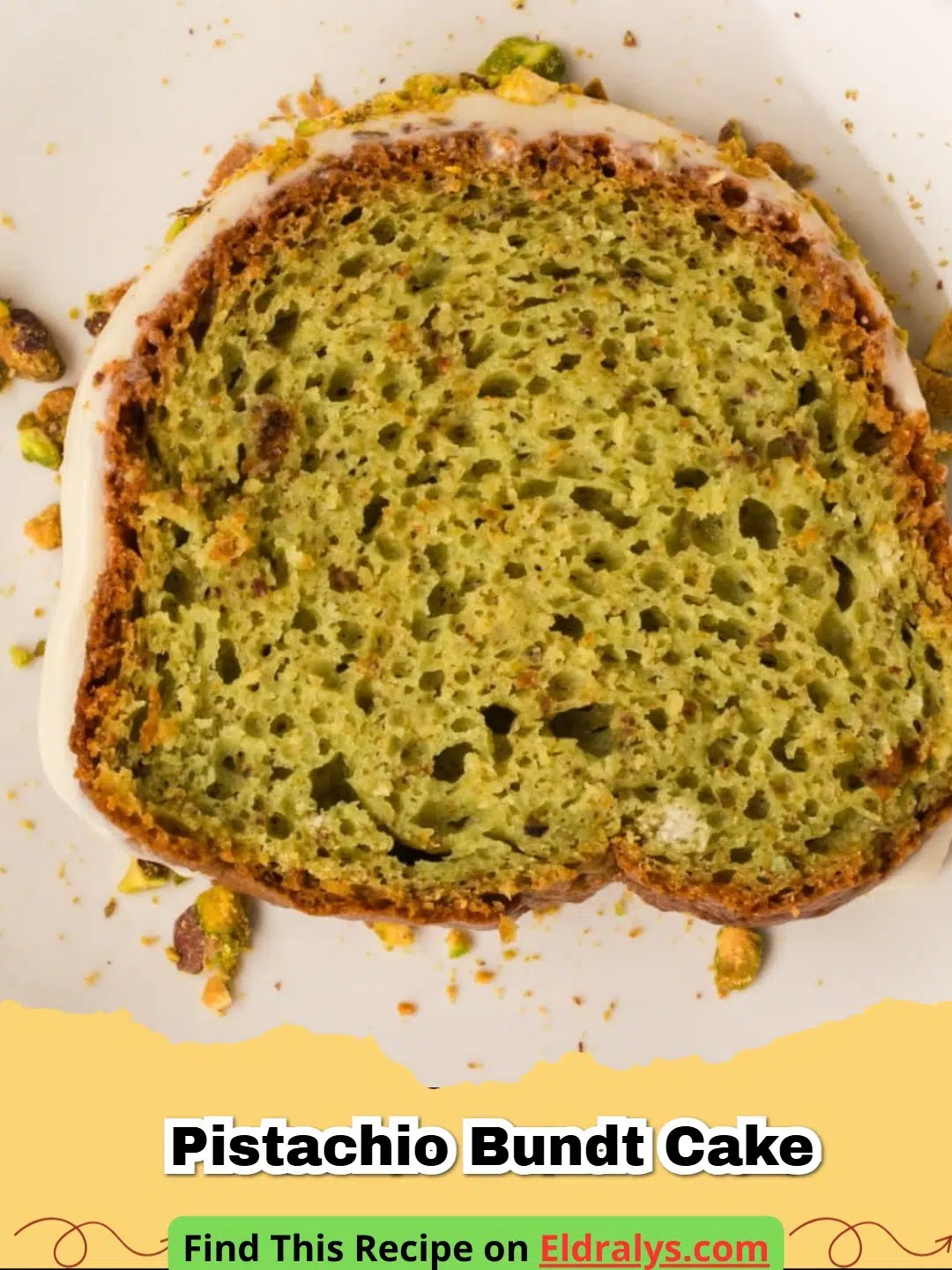 A beautiful green Pistachio Bundt Cake with a white glaze and chopped pistachios on top.