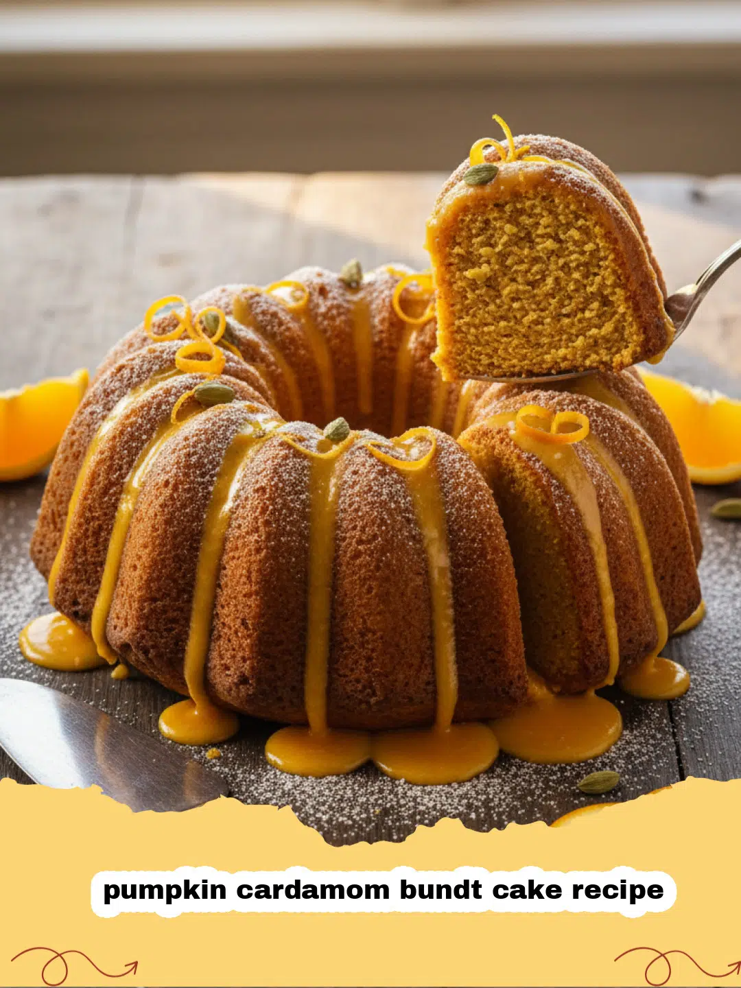 pumpkin cardamom bundt cake recipe - A golden-brown pumpkin cardamom bundt cake drizzled with maple glaze on a cake stand.