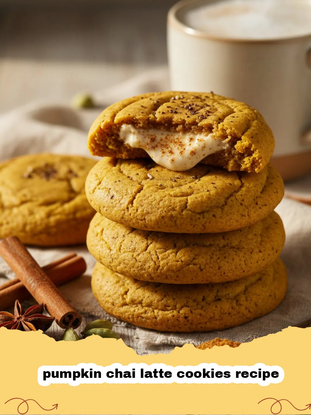 pumpkin chai latte cookies recipe - A close-up shot of pumpkin chai latte cookies with white maple icing drizzle on a rustic wooden board.