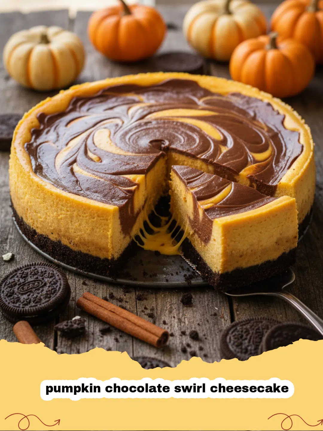 A beautiful slice of pumpkin chocolate swirl cheesecake with intricate orange and brown marbling on a chocolate crust.