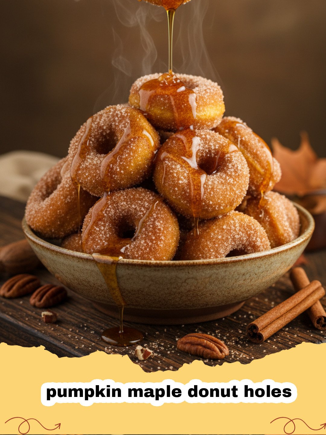 A plate of glazed pumpkin maple donut holes stacked high on a wooden board.