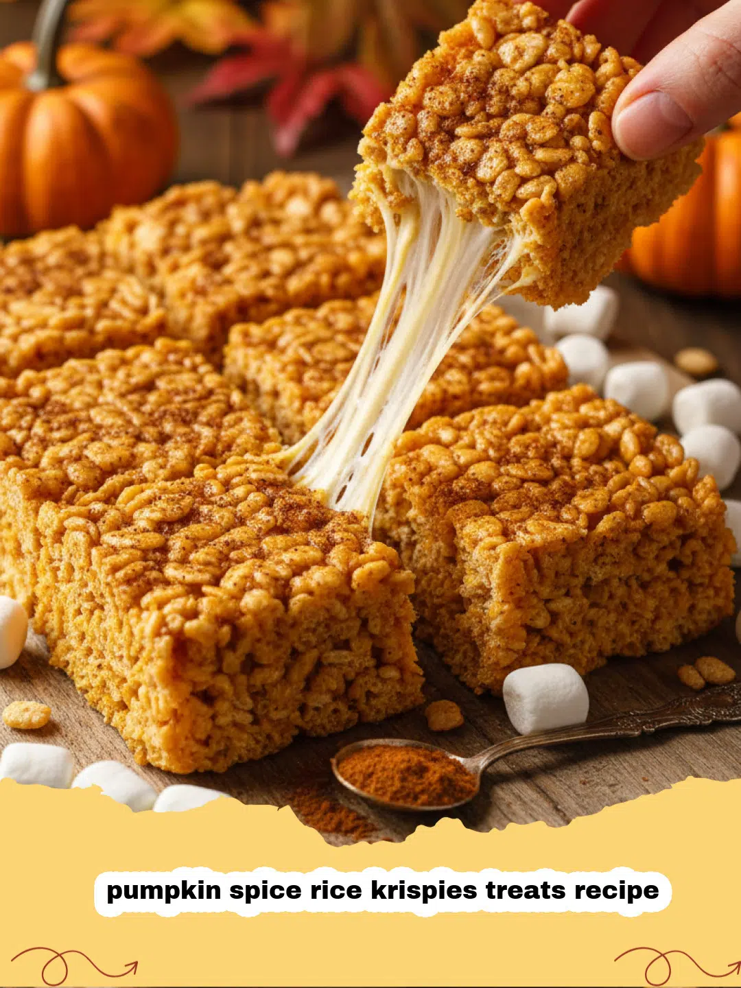 pumpkin spice rice krispies treats recipe - A stack of orange-hued pumpkin spice rice krispies treats on a wooden board.