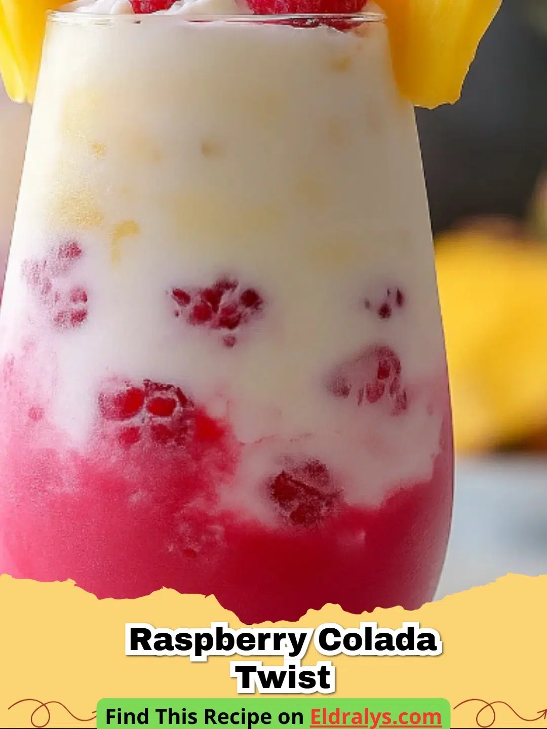 A vibrant pink Raspberry Colada Twist cocktail garnished with fresh fruit