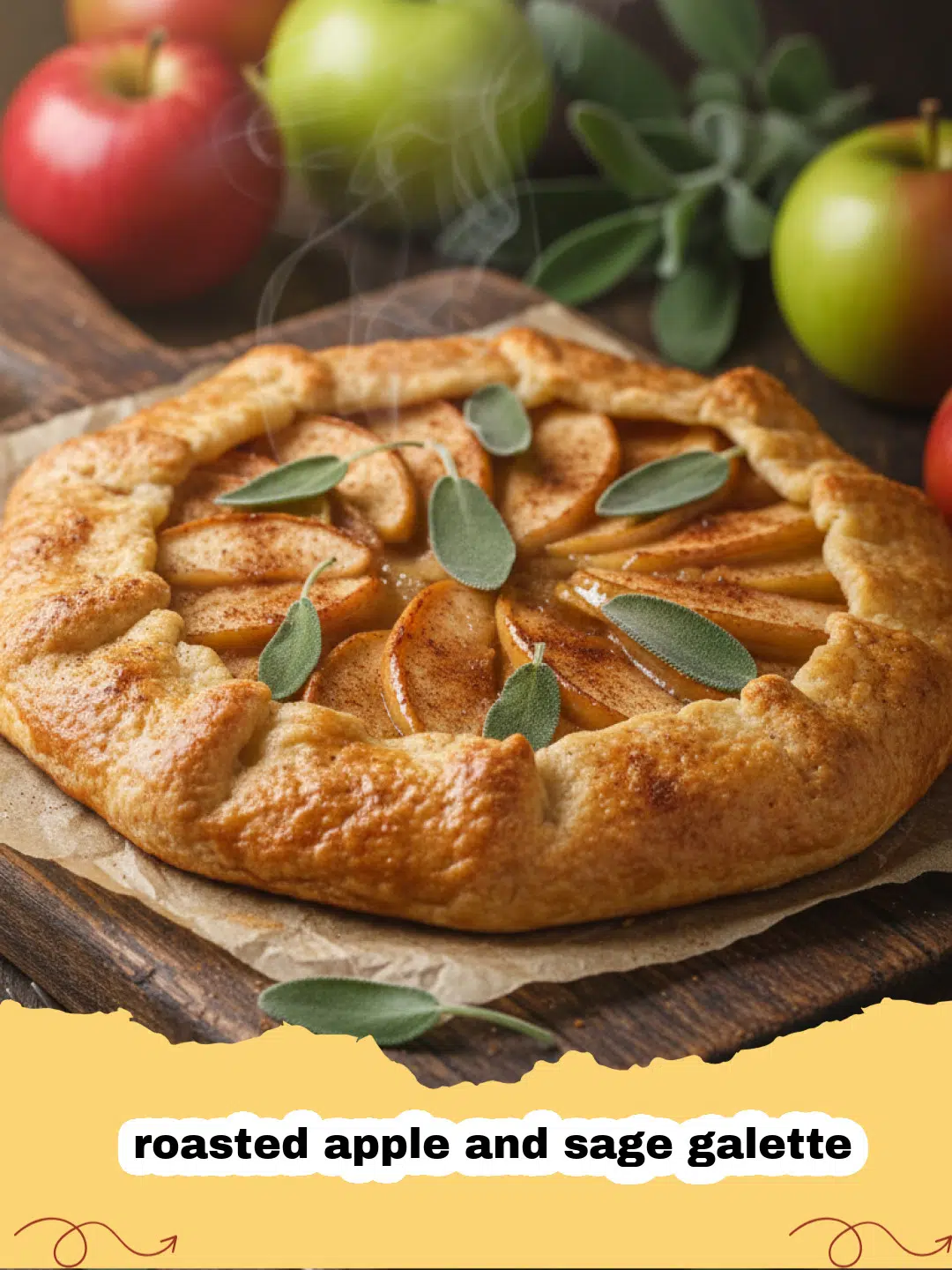 A rustic roasted apple and sage galette on parchment paper with fresh sage leaves nearby