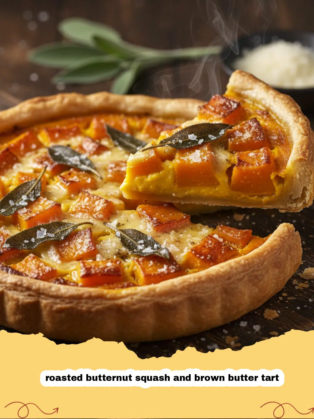A close-up shot of a roasted butternut squash and brown butter tart with golden pastry edges.