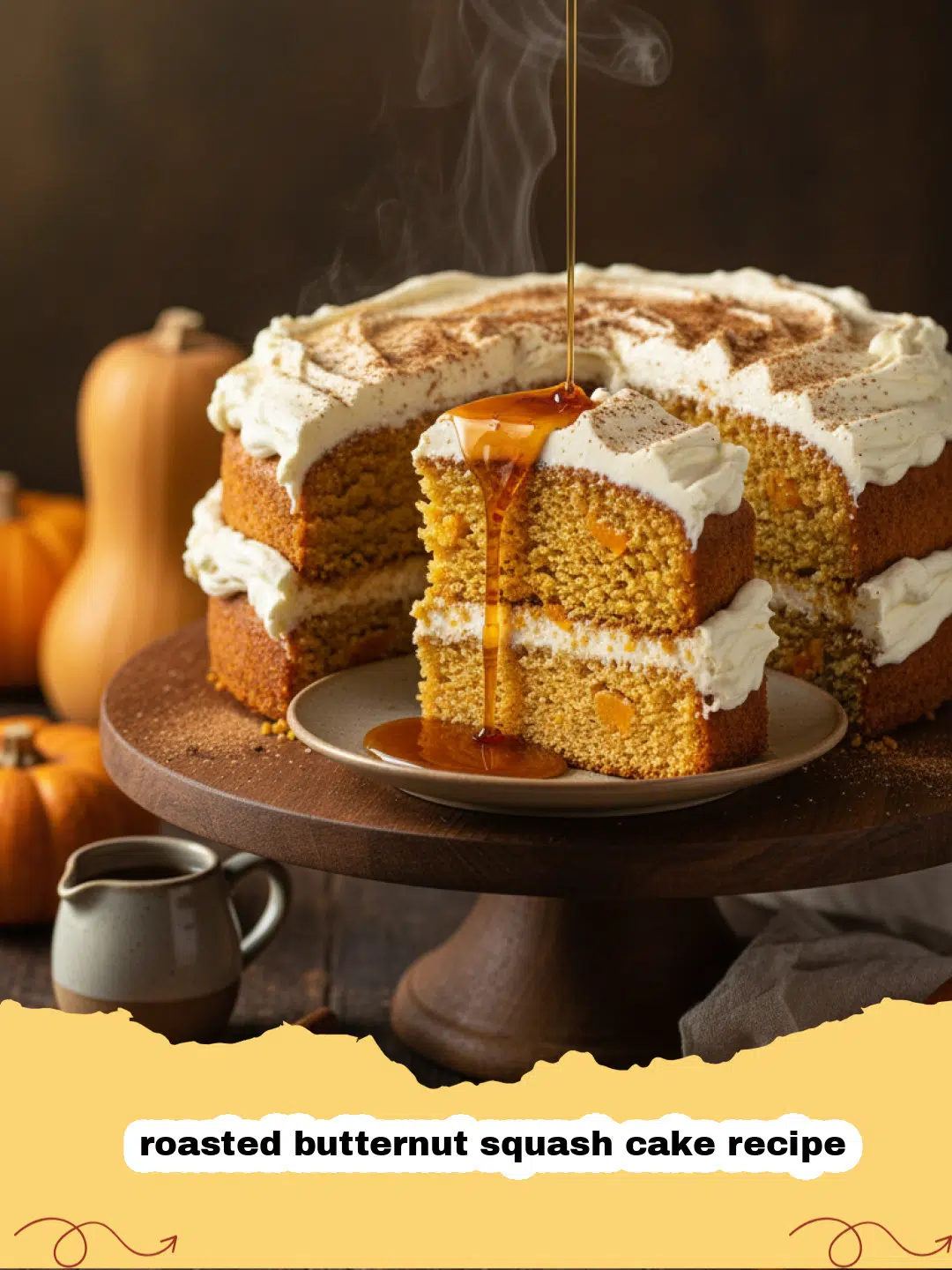 roasted butternut squash cake recipe - A beautiful slice of roasted butternut squash cake with thick cream cheese frosting on a rustic plate.