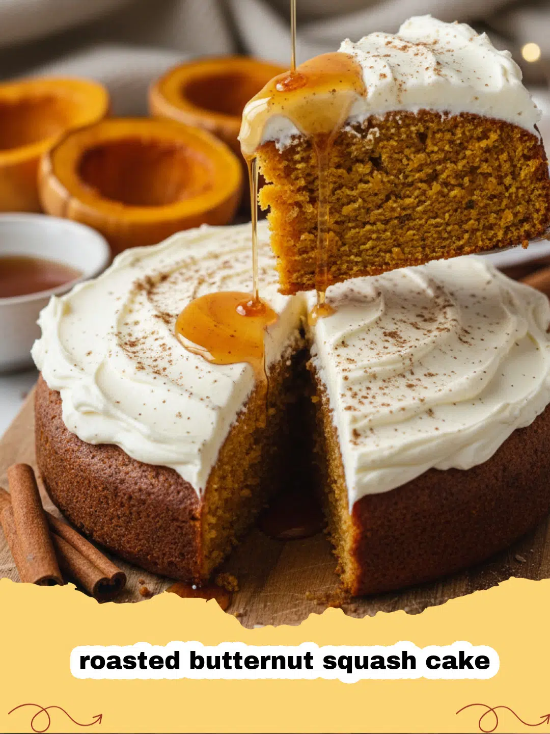 A beautiful roasted butternut squash cake on a wooden stand decorated with autumn leaves.