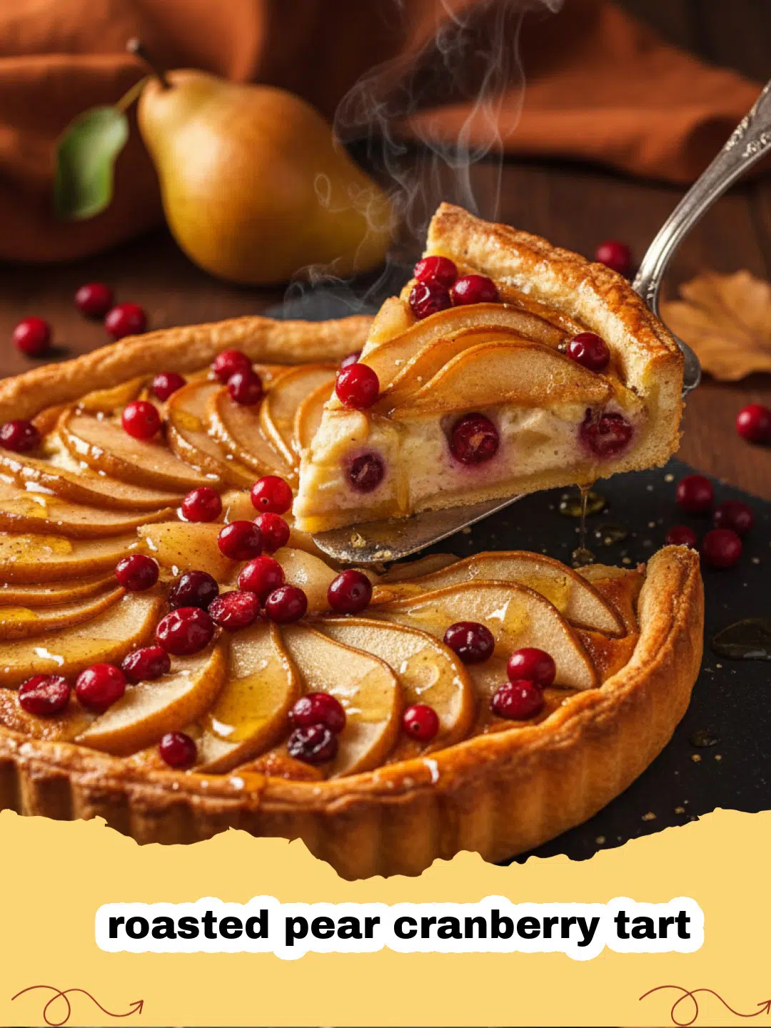 A close-up shot of a roasted pear cranberry tart with golden crust and red cranberries