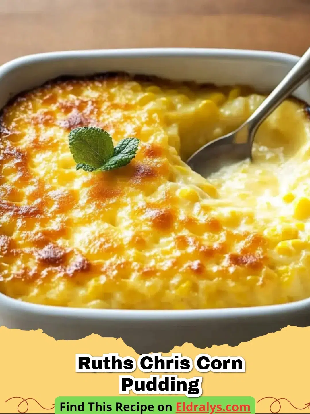 A golden brown baked Ruths Chris Corn Pudding in a white ceramic dish.