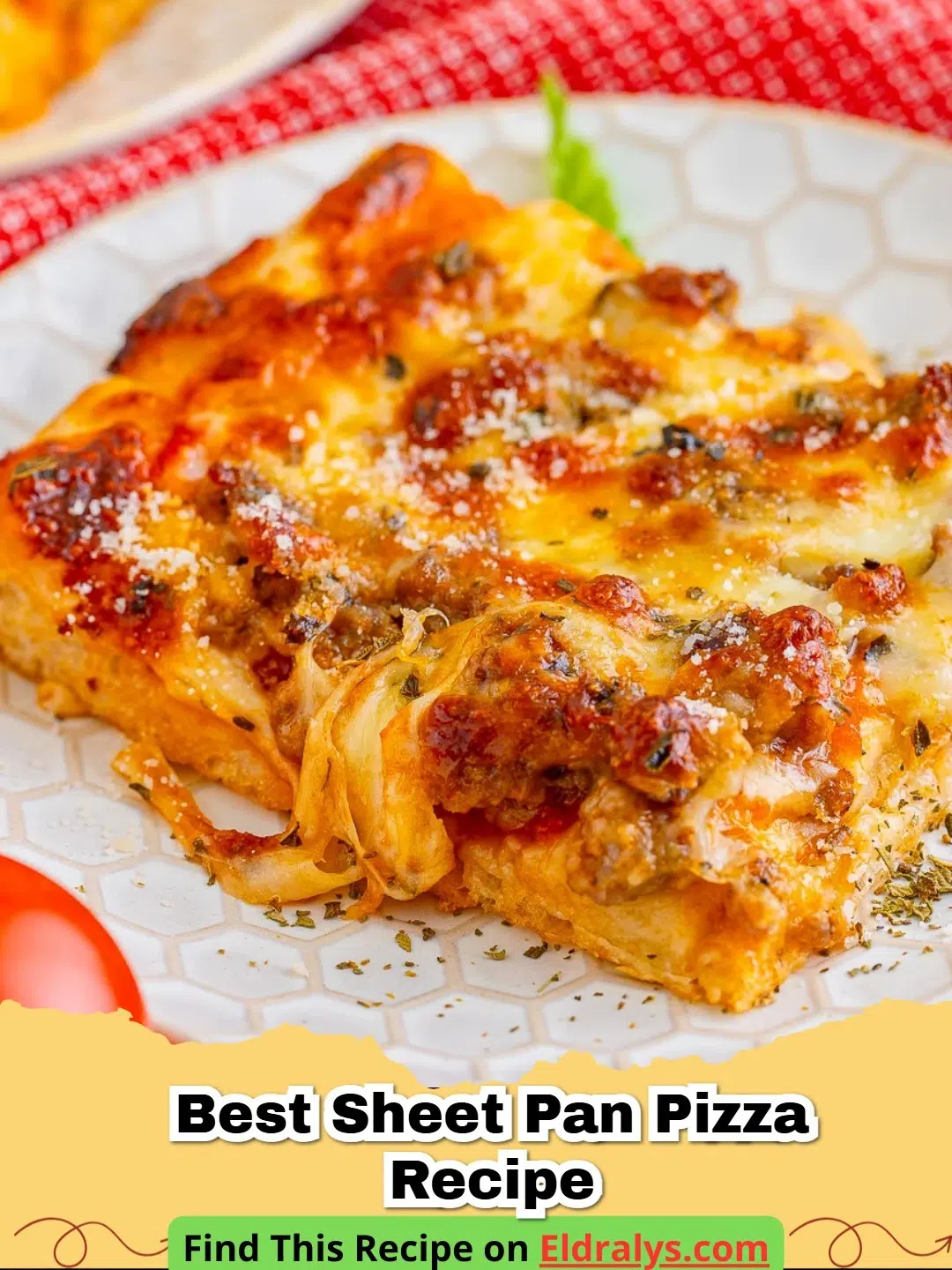 A crispy Sheet Pan Pizza with Homemade Sausage topped with bubbling mozzarella and fresh herbs.