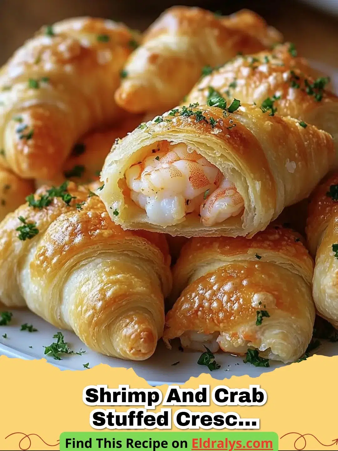 Golden brown Shrimp and Crab Stuffed Crescent Bombs arranged on a serving platter with parsley garnish.