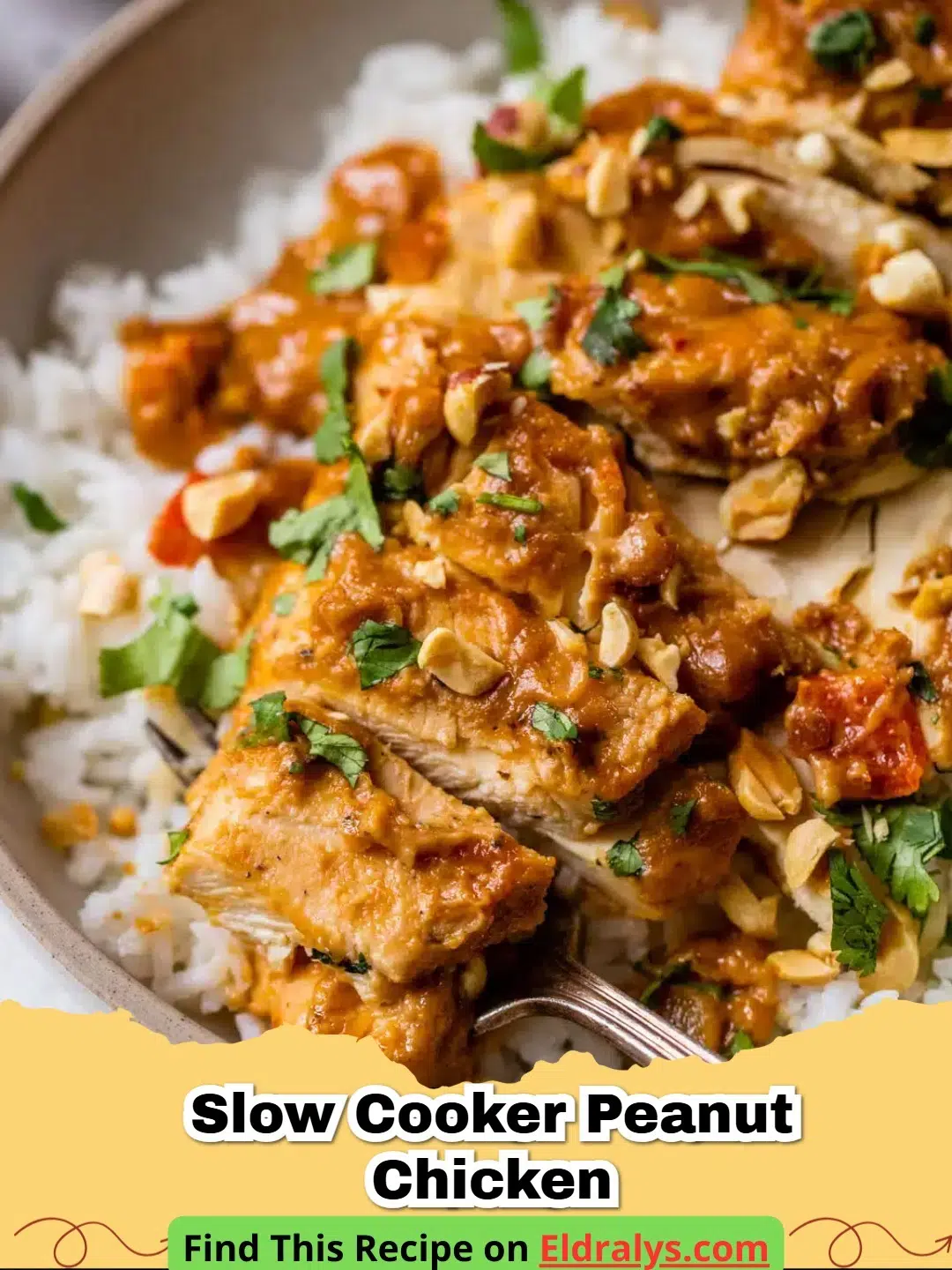A close up shot of Slow Cooker Peanut Chicken served over white rice with cilantro.