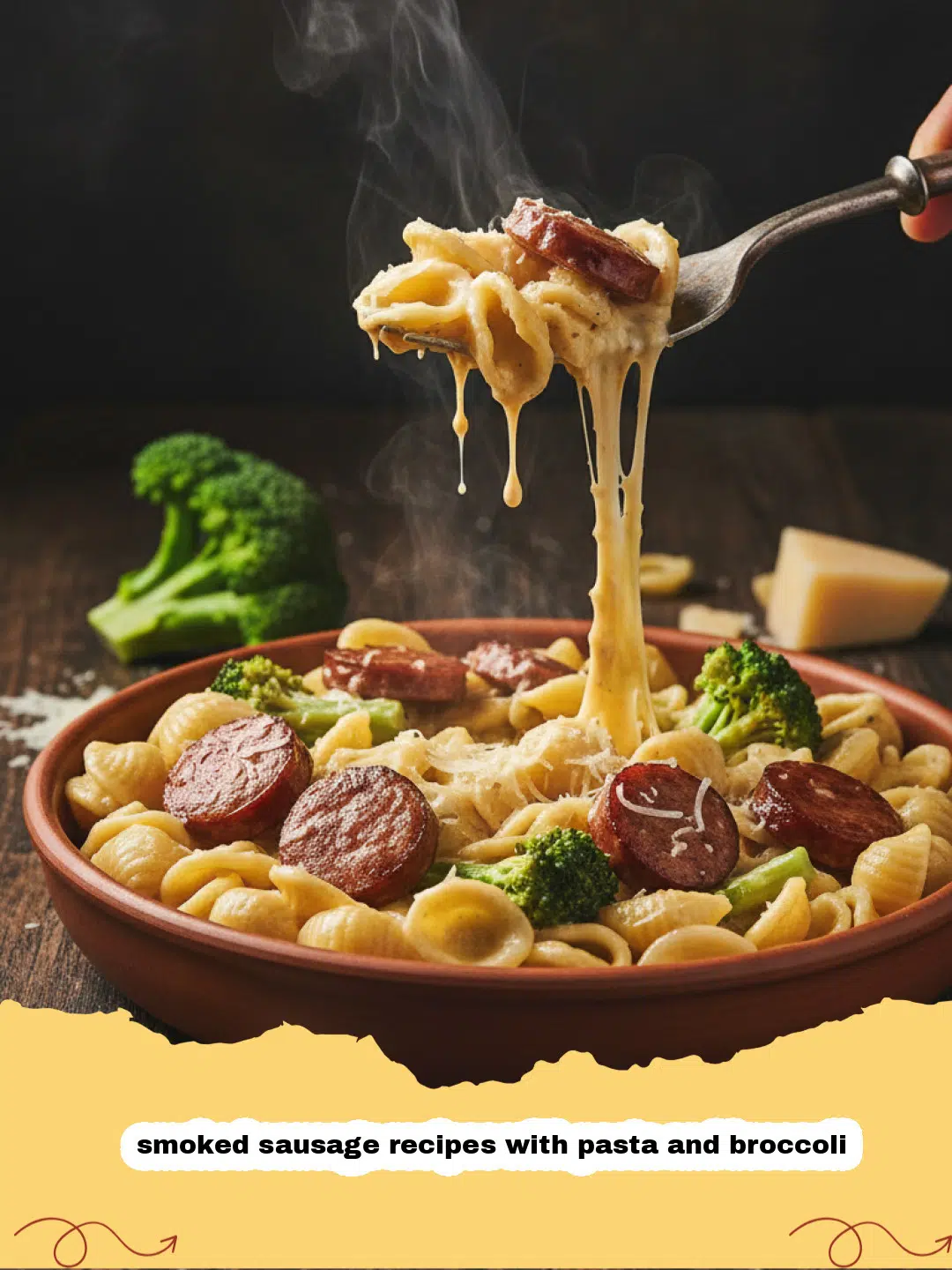 A skillet filled with smoked sausage recipes with pasta and broccoli and parmesan cheese