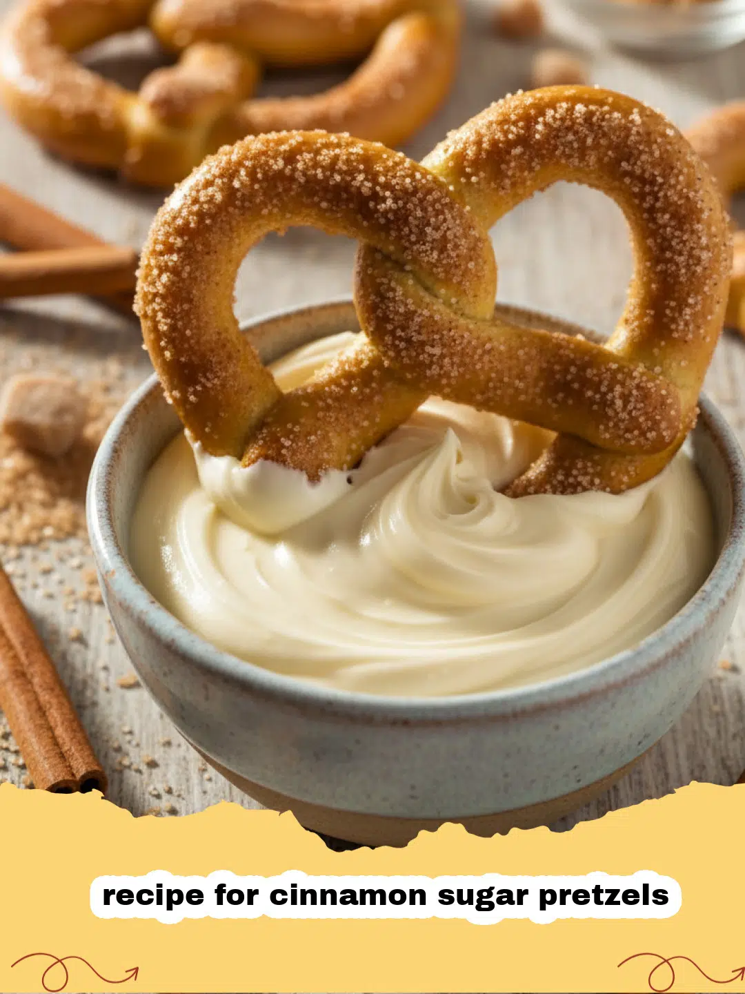 recipe for cinnamon sugar pretzels - A close-up shot of several soft pretzels heavily coated in cinnamon sugar, stacked on a cooling rack.