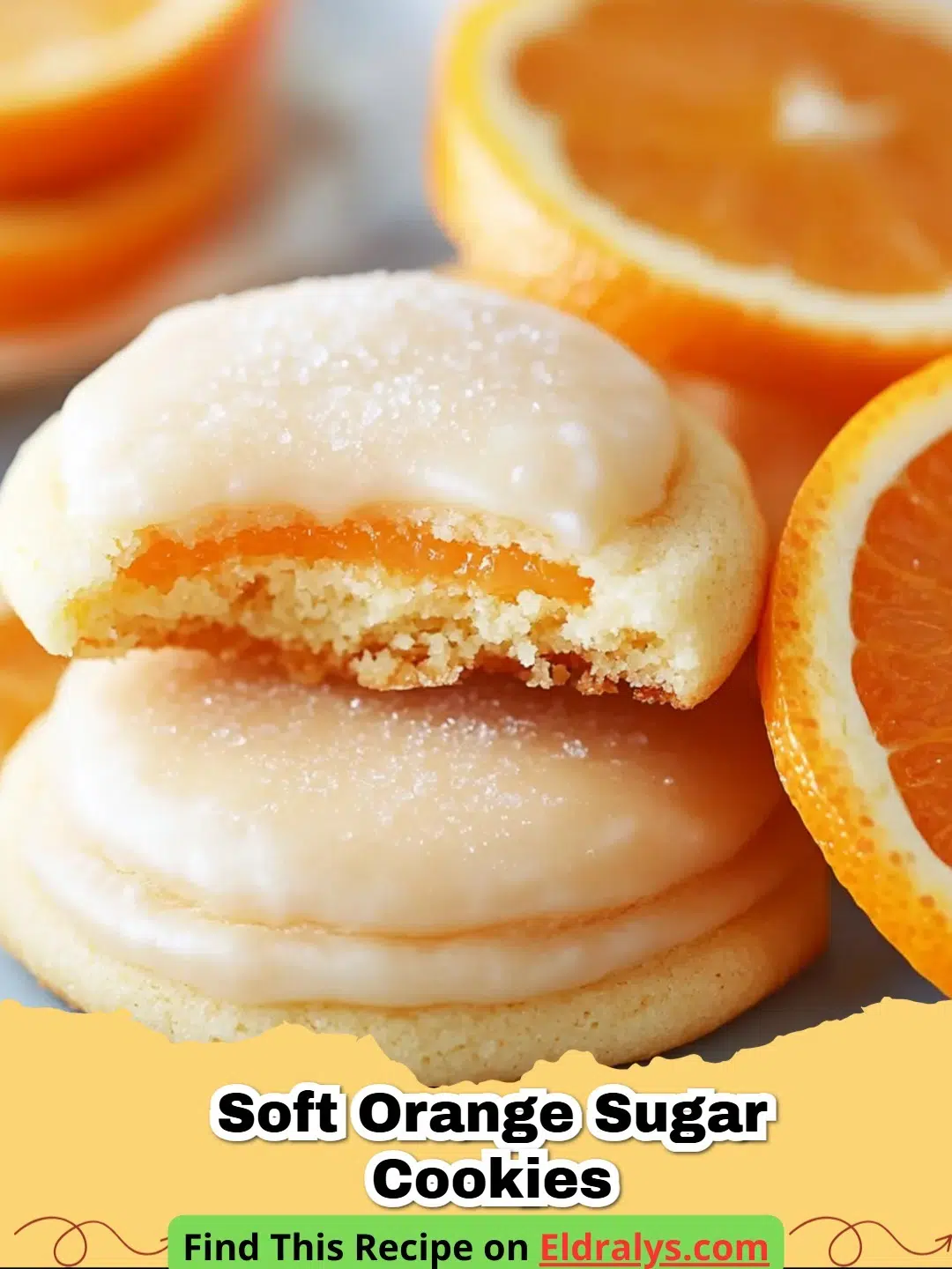 A stack of Soft Orange Sugar Cookies with a white citrus glaze and fresh orange zest.