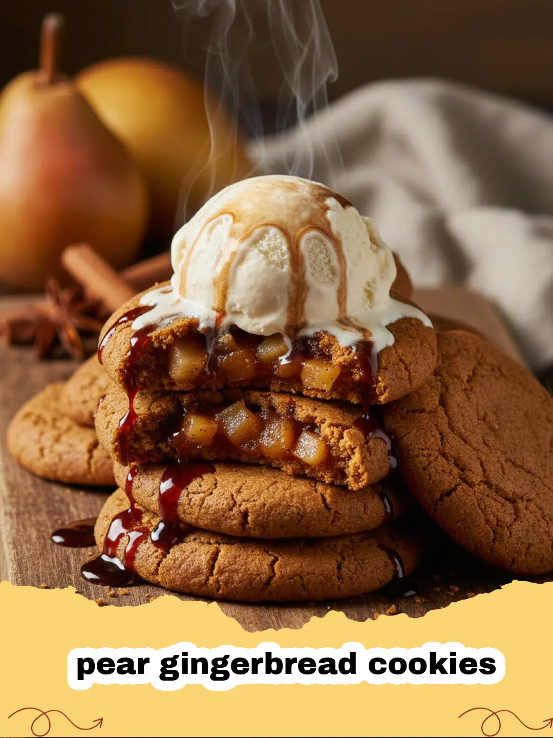 A stack of soft pear gingerbread cookies coated in sparkling sugar on a wooden board.