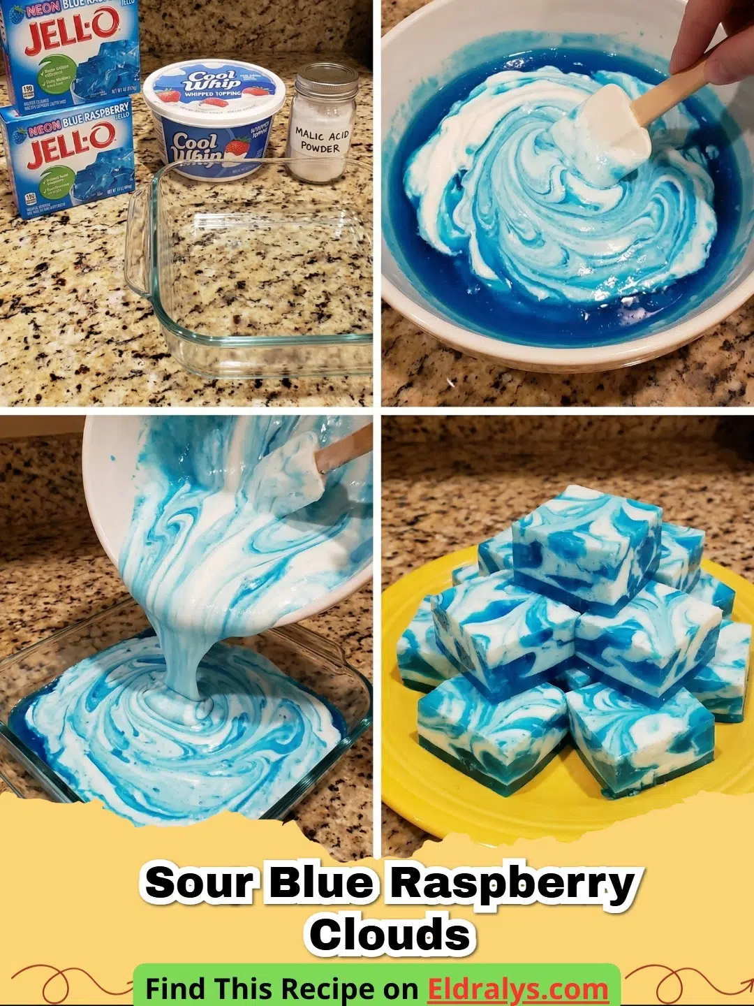 Close up of Sour Blue Raspberry Jello Clouds Recipe cut into fluffy neon blue squares.
