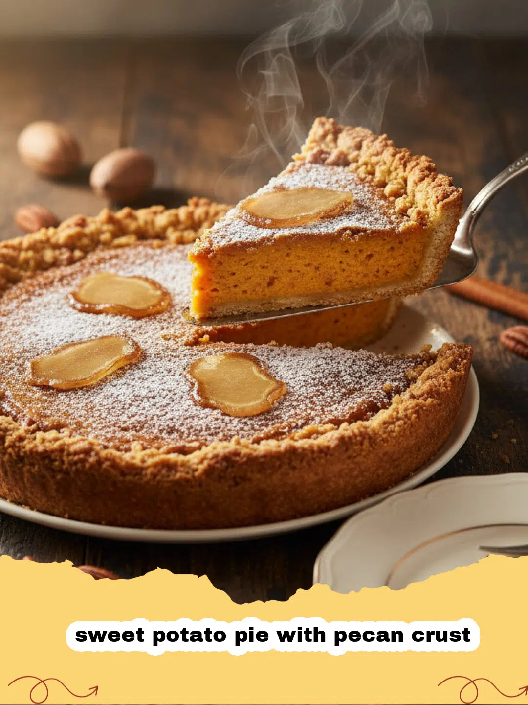 sweet potato pie with pecan crust - A beautiful sweet potato pie with a golden-brown pecan crust on a rustic table.