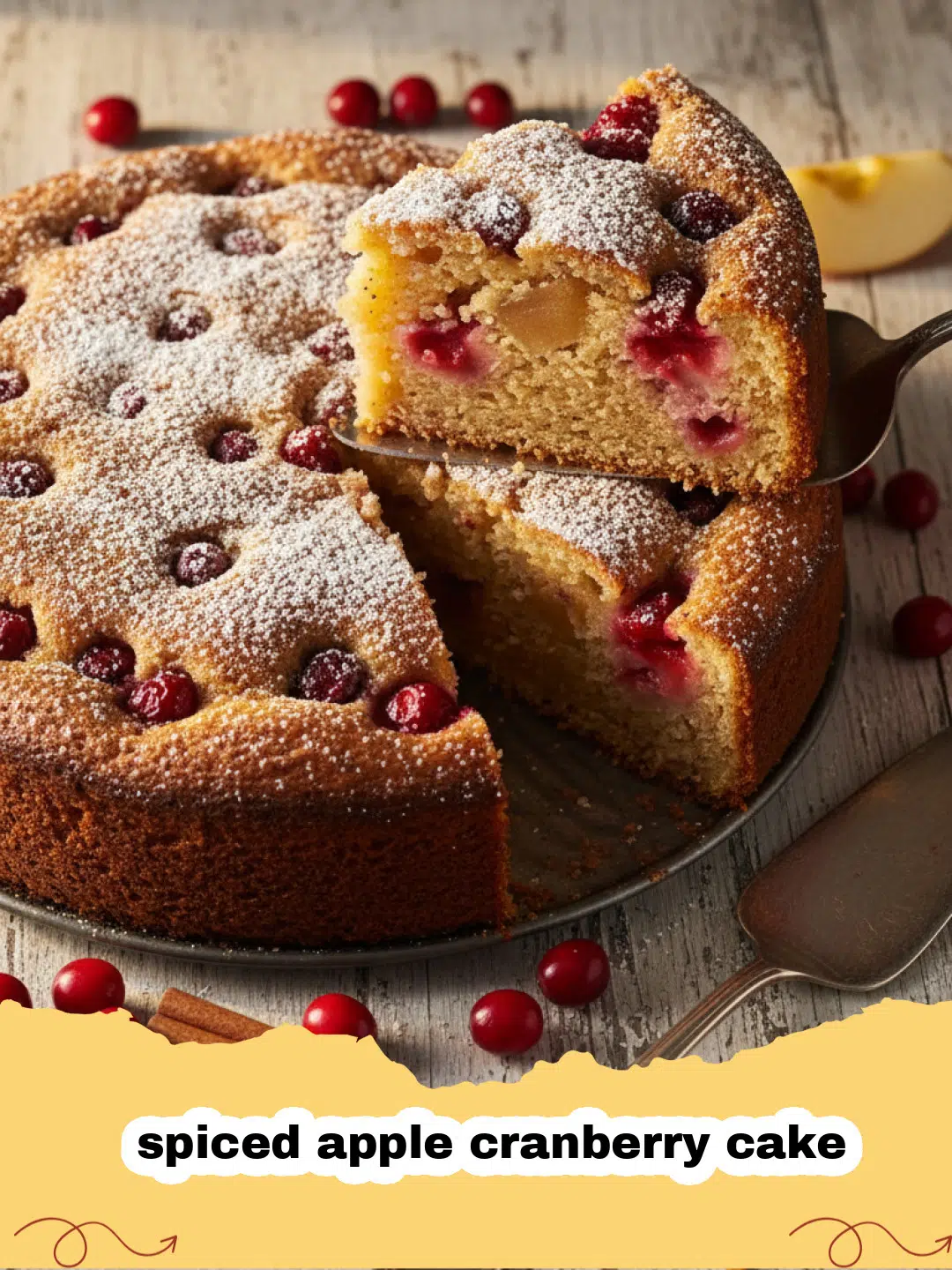 A beautiful slice of spiced apple cranberry cake on a white plate with a dusting of powdered sugar.