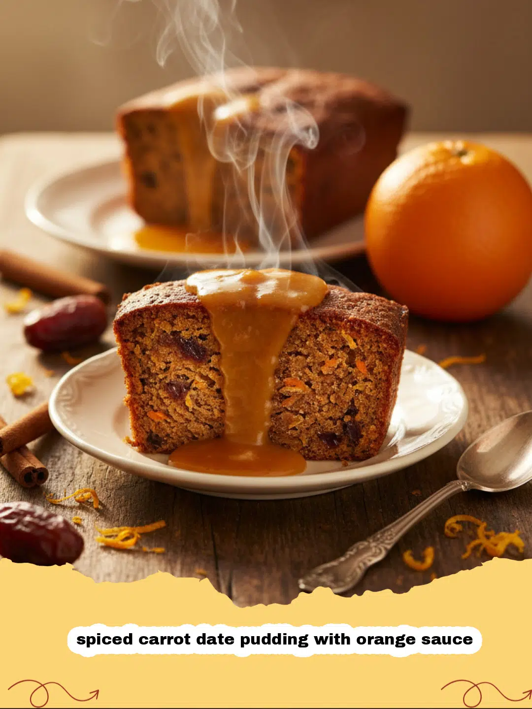 A warm slice of spiced carrot date pudding with orange sauce on a white plate.