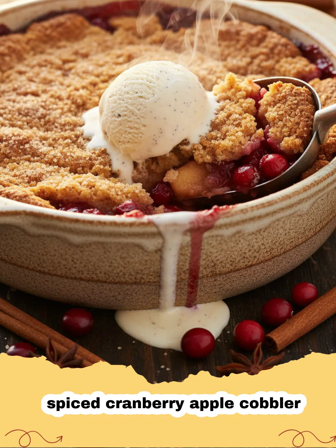 A close up view of a golden brown spiced cranberry apple cobbler in a baking dish with steam rising.