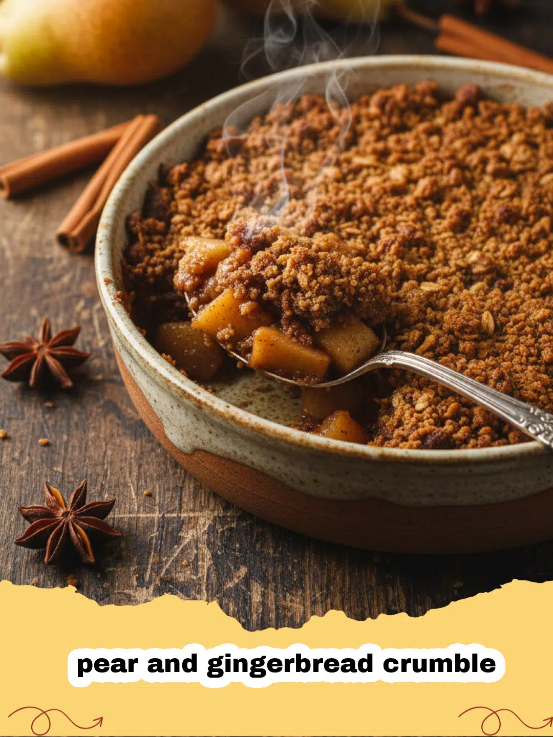 A close-up shot of a warm pear and gingerbread crumble in a glass baking dish with a scoop of melting vanilla ice cream.