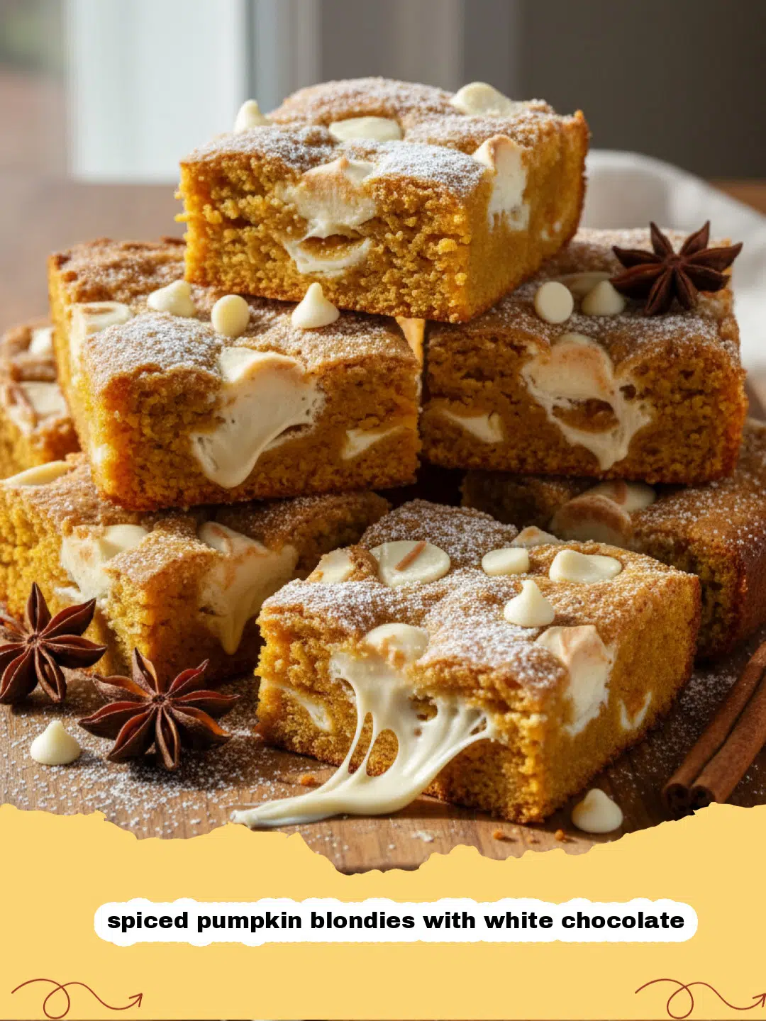A tray of sliced spiced pumpkin blondies with white chocolate chips melting on top.