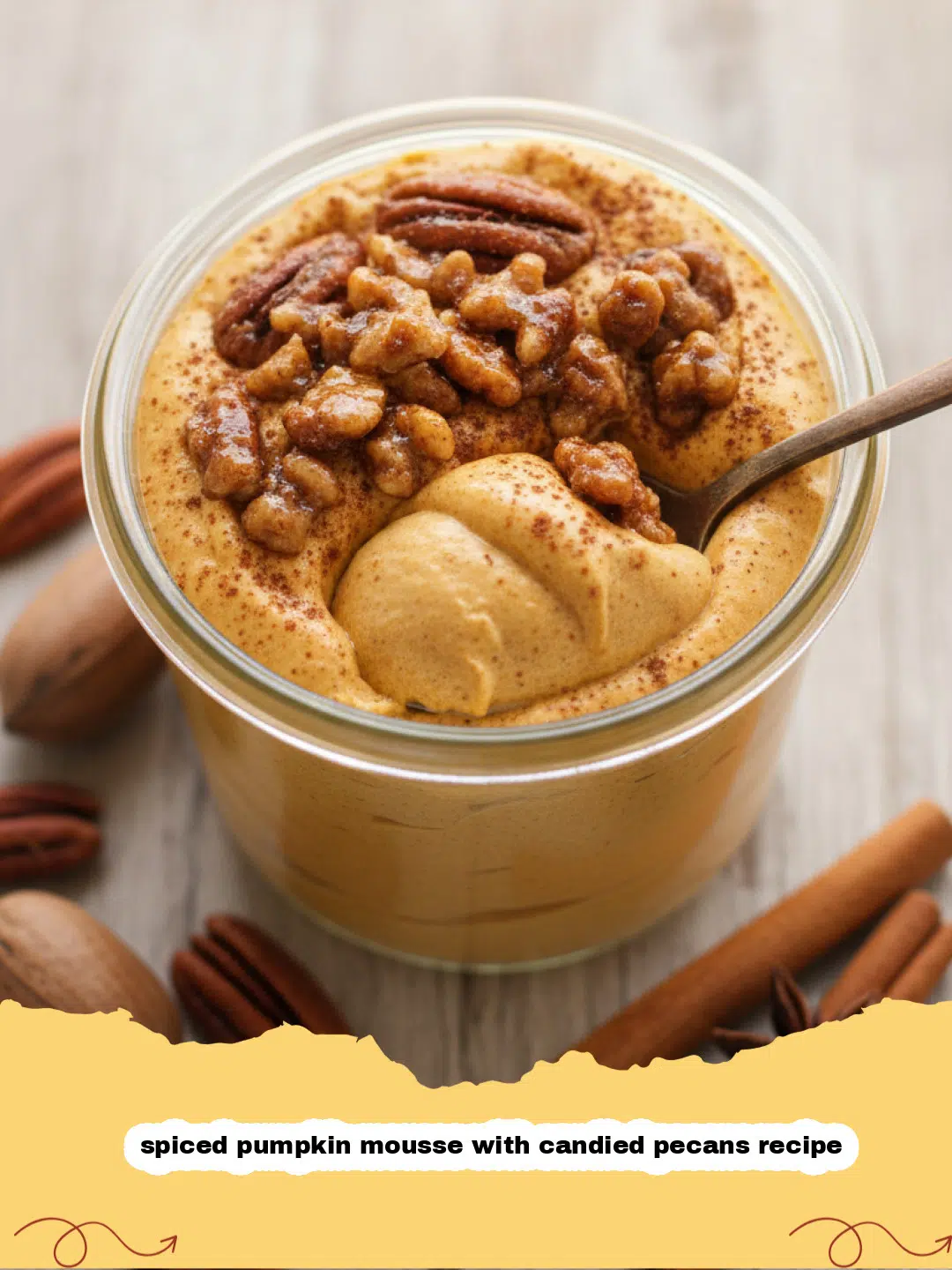 spiced pumpkin mousse with candied pecans recipe - A close up of individual glass bowls filled with spiced pumpkin mousse and topped with candied pecans.