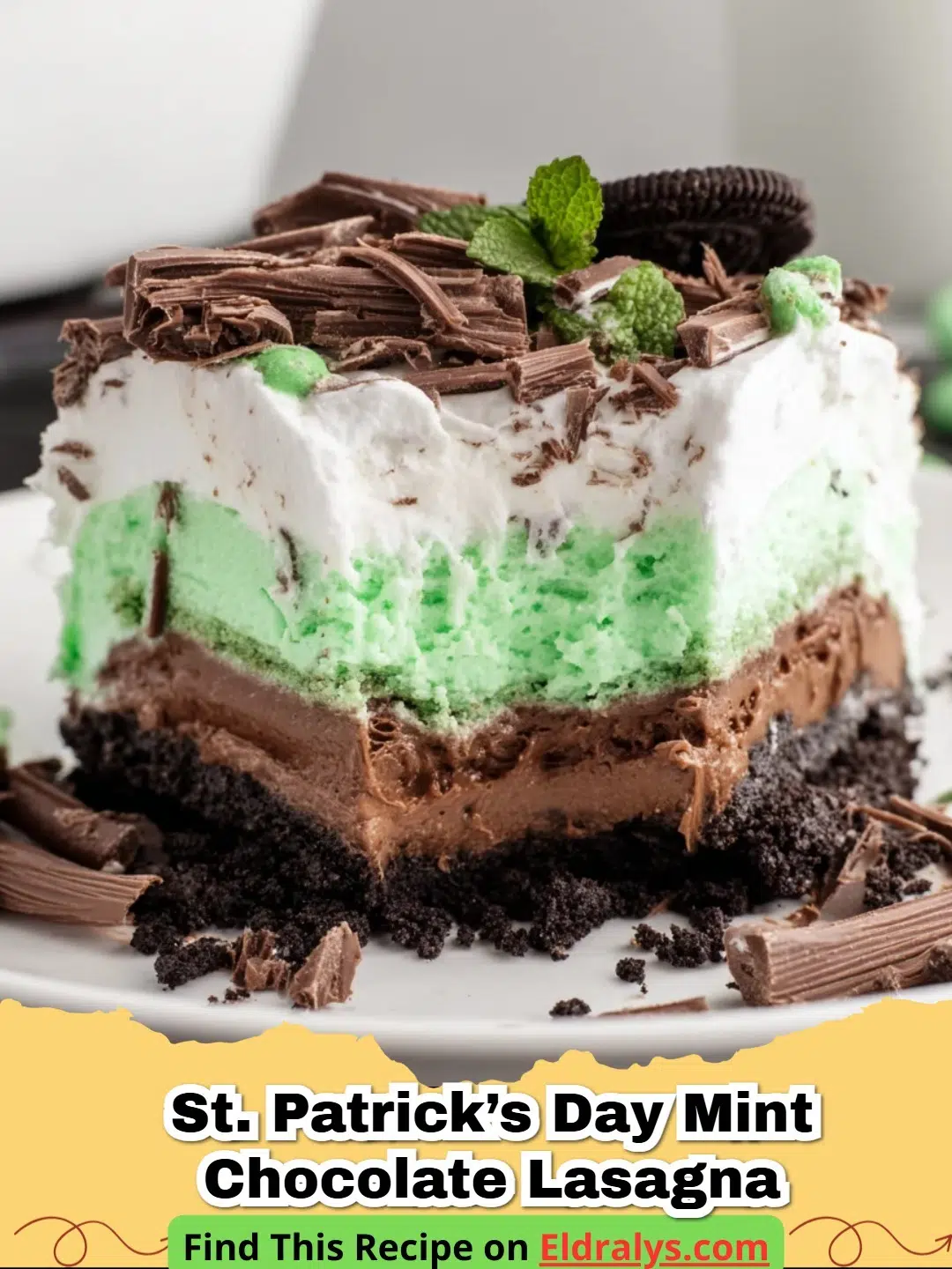 Close up of St. Patrick’s Day Mint Chocolate Lasagna with green and chocolate layers