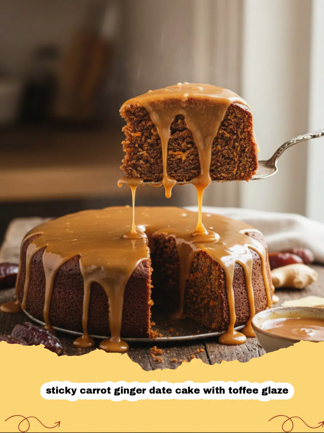 A close up shot of a slice of sticky carrot ginger date cake with toffee glaze dripping down the sides.