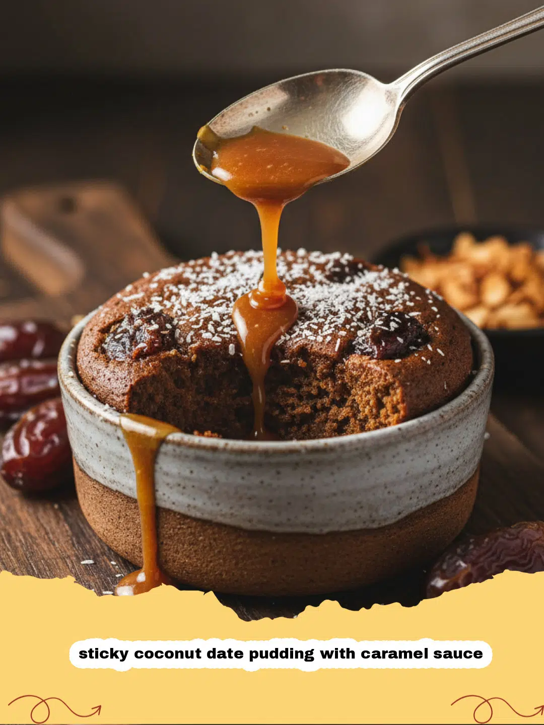 A warm slice of sticky coconut date pudding with caramel sauce dripping down the sides, served with vanilla ice cream.