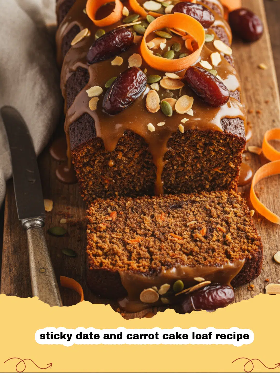 sticky date and carrot cake loaf recipe - A thick slice of sticky date and carrot cake loaf on a ceramic plate, showing a moist interior with flecks of carrot and dates.