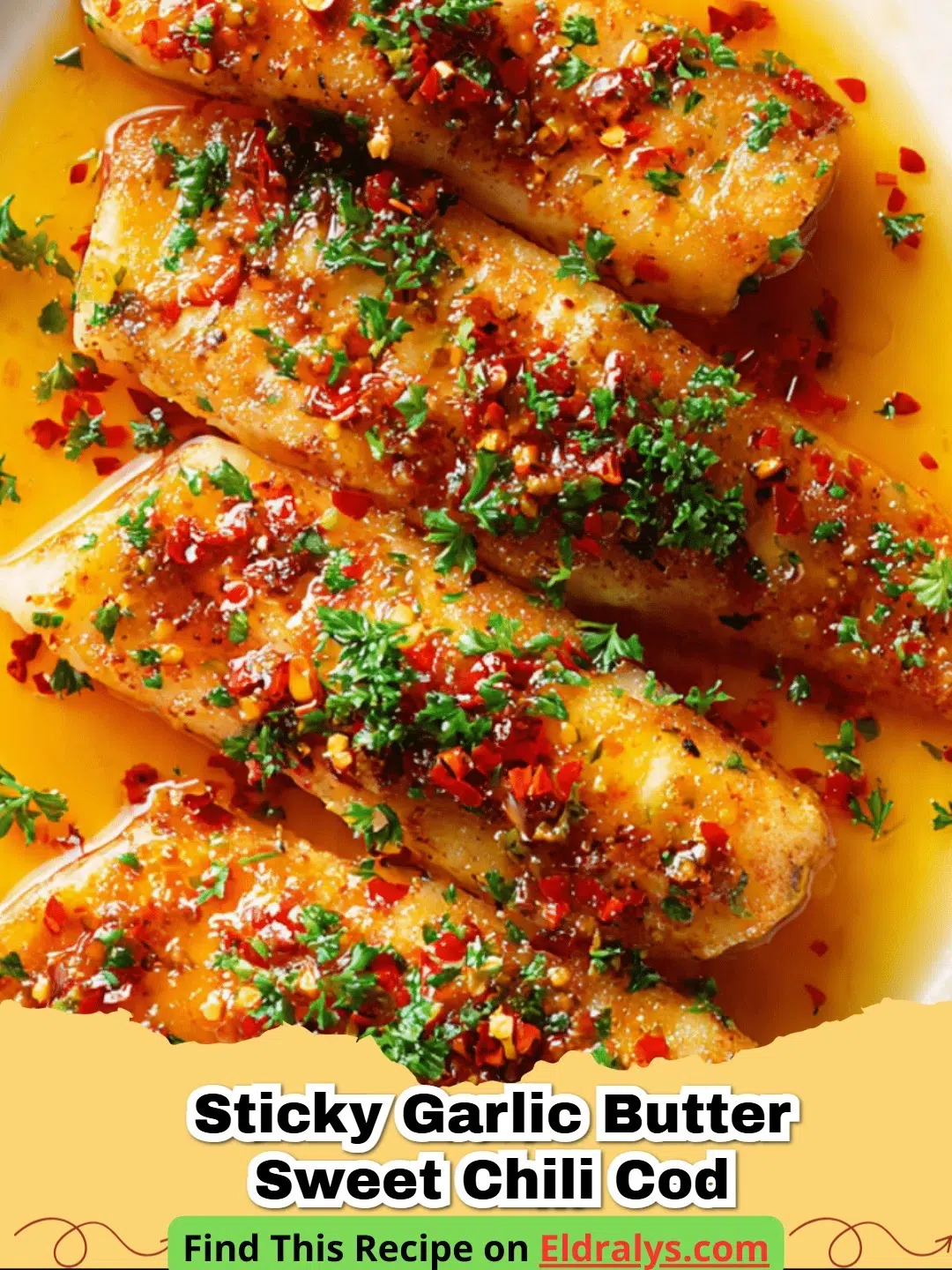 A close up of Sticky Garlic Butter Sweet Chili Cod fillets with a glossy red glaze and fresh cilantro.