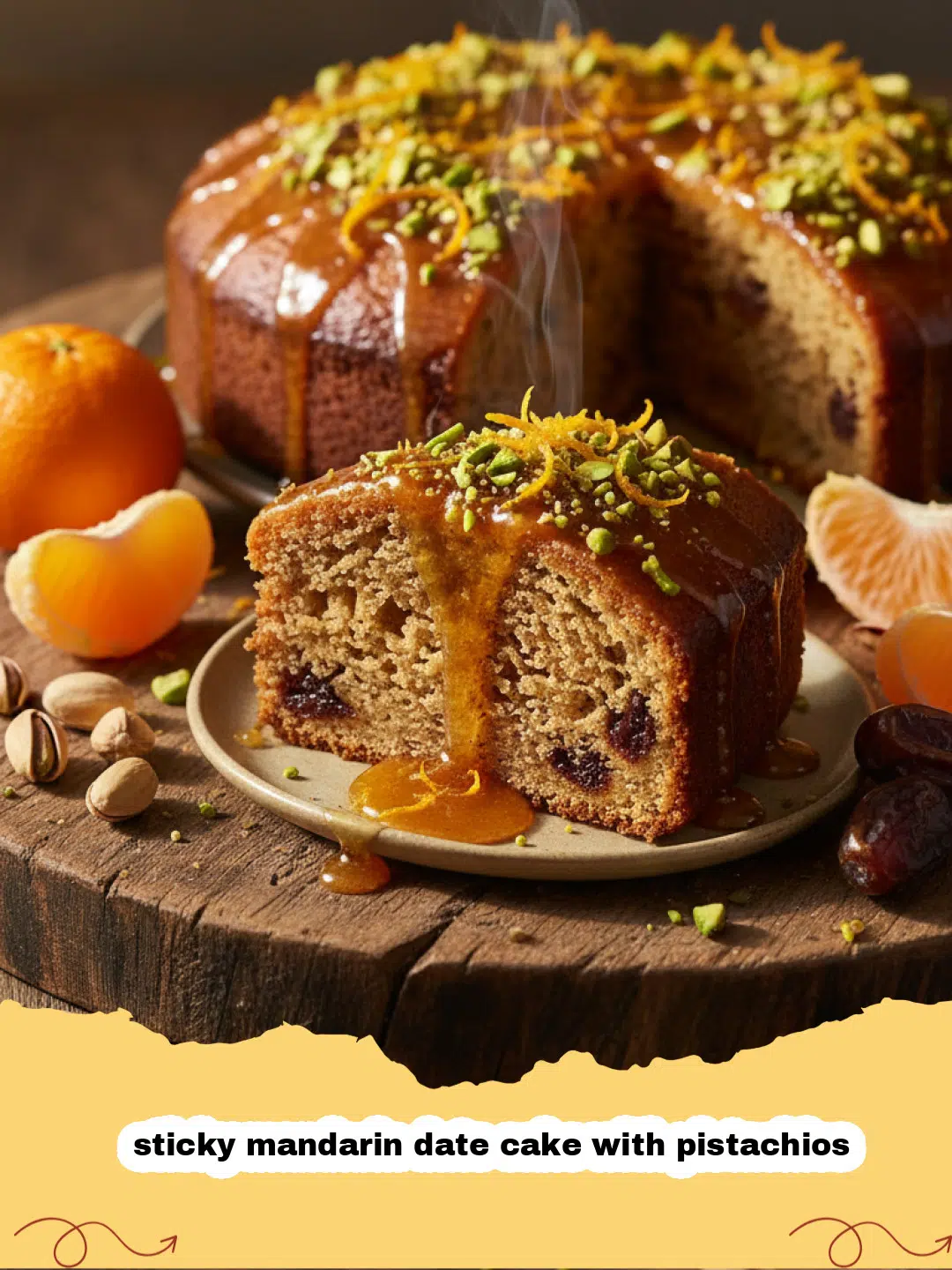 sticky mandarin date cake with pistachios - A golden-brown sticky mandarin date cake topped with bright green crushed pistachios.