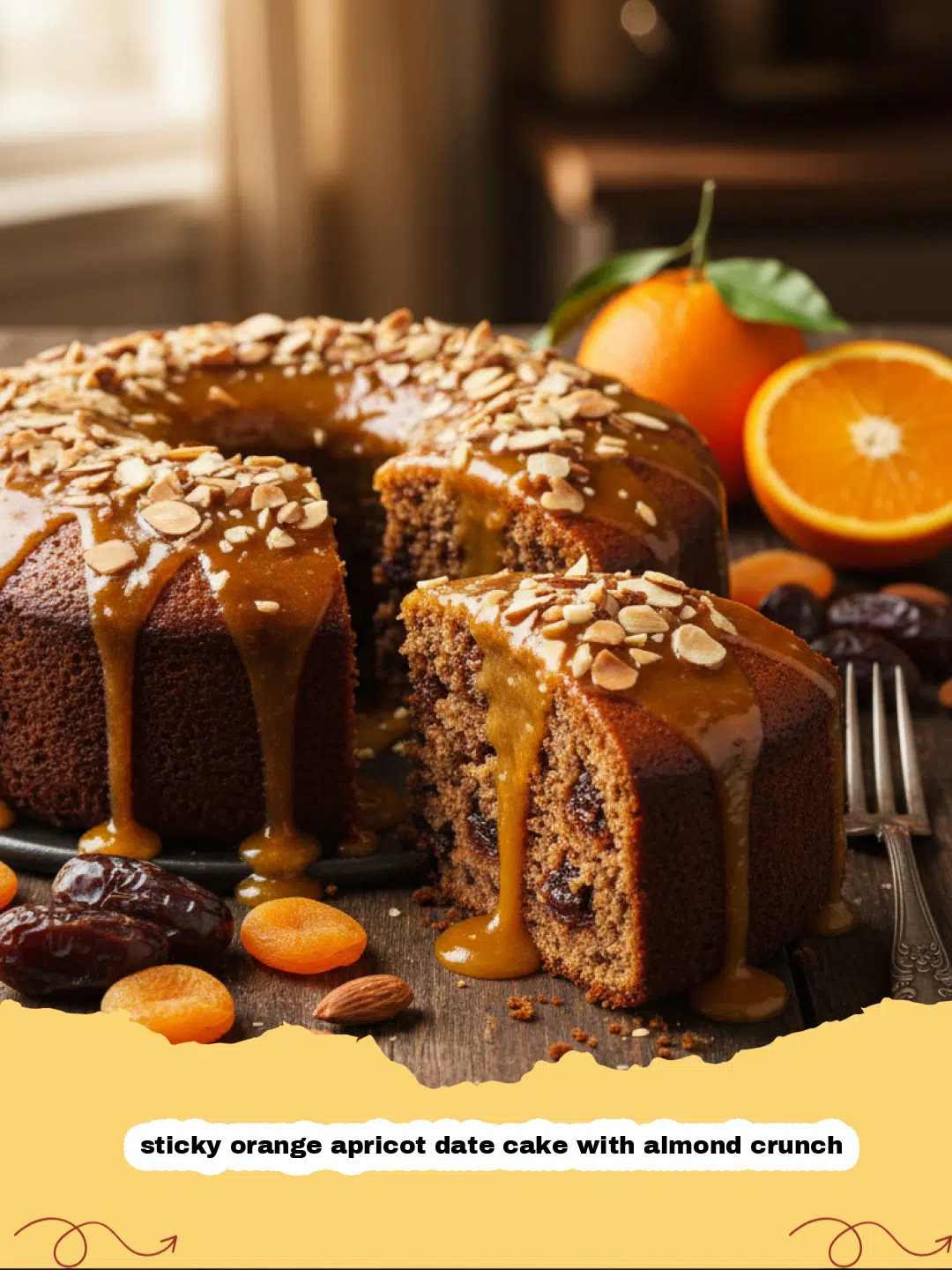 A close-up shot of a slice of sticky orange apricot date cake with almond crunch on a white plate.