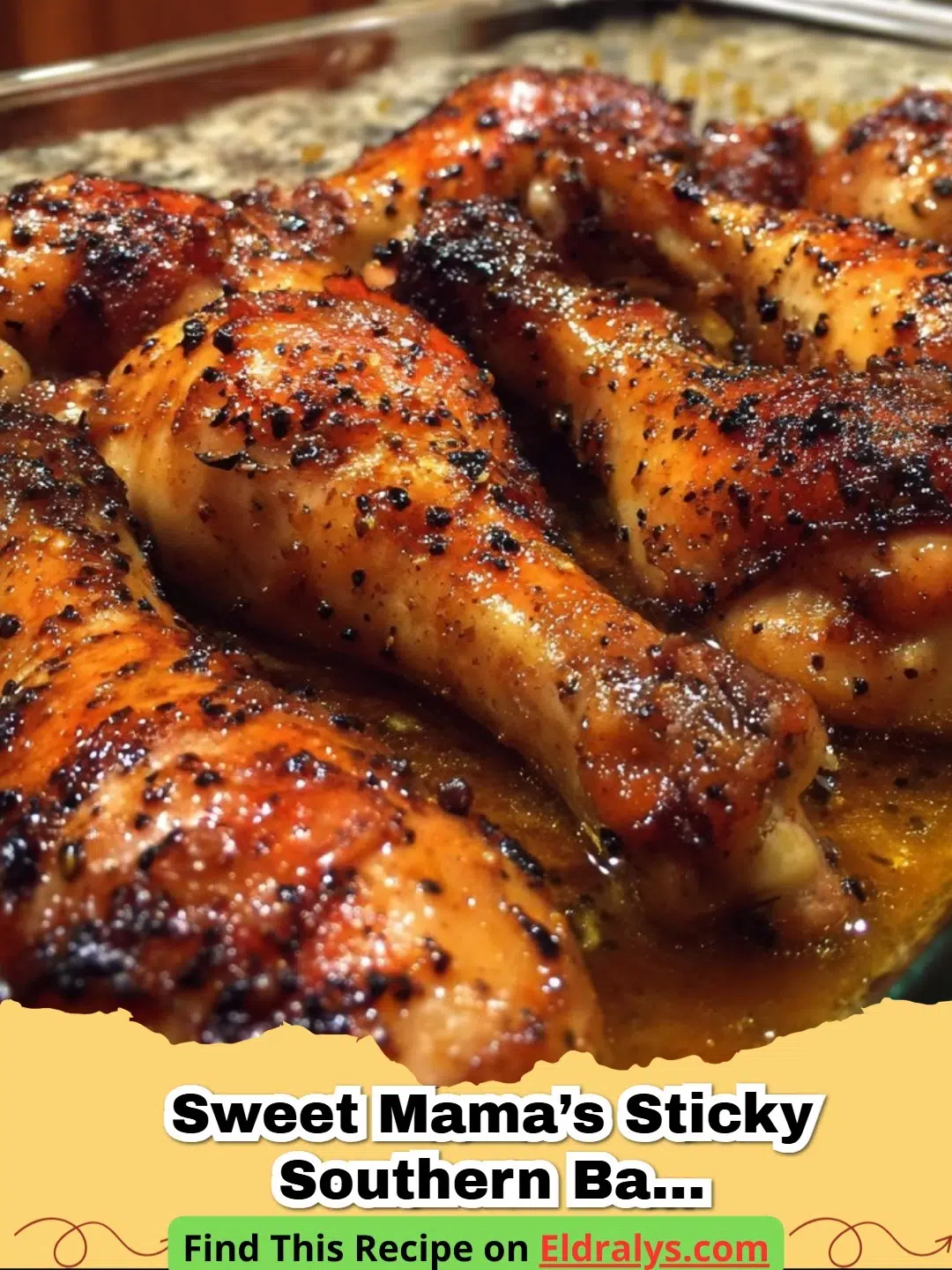 A plate of Sticky Southern Baked Chicken Legs with a glossy brown glaze and fresh parsley garnish.