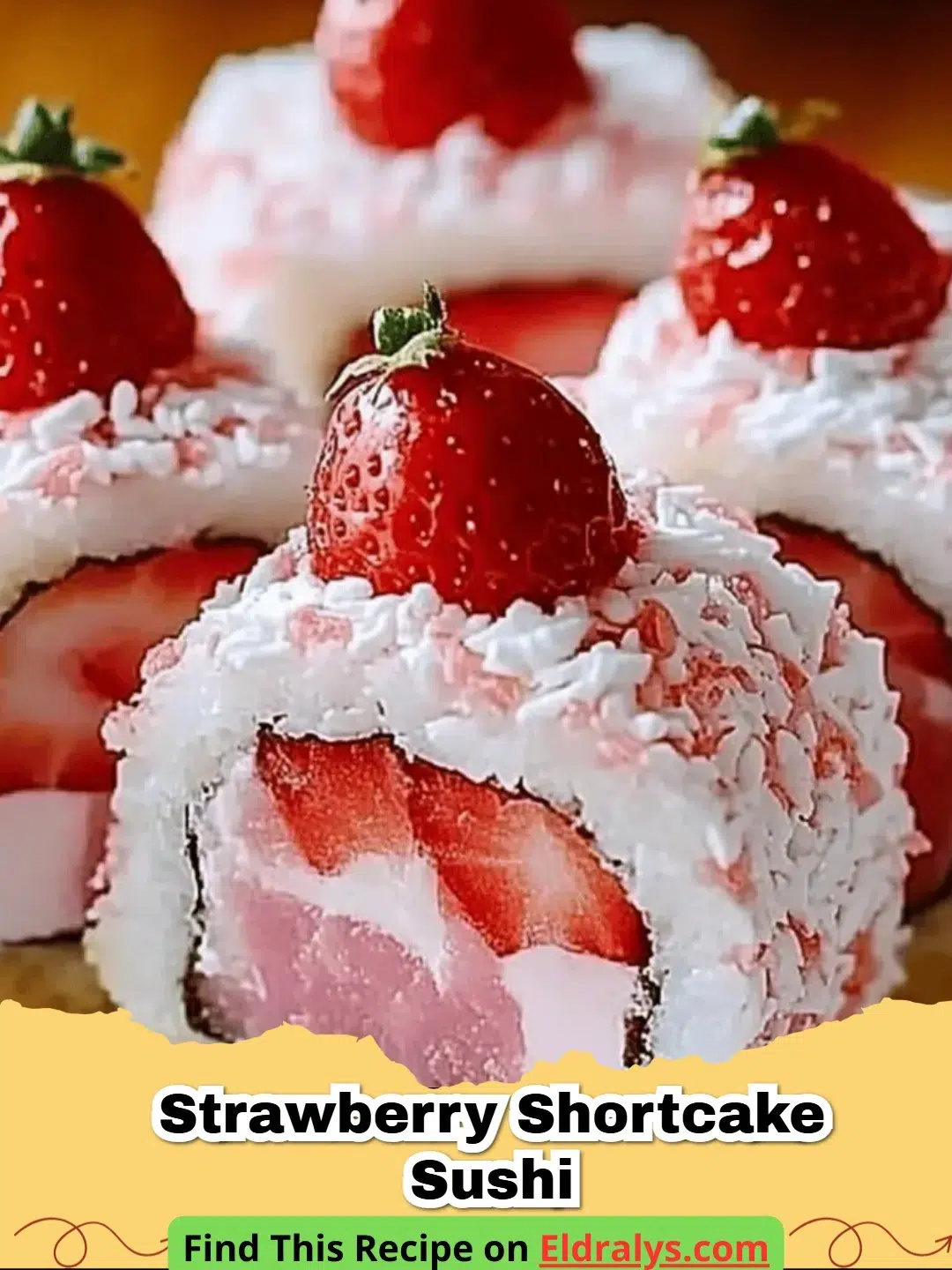 A close up photo of strawberry shortcake sushi pieces arranged on a white plate