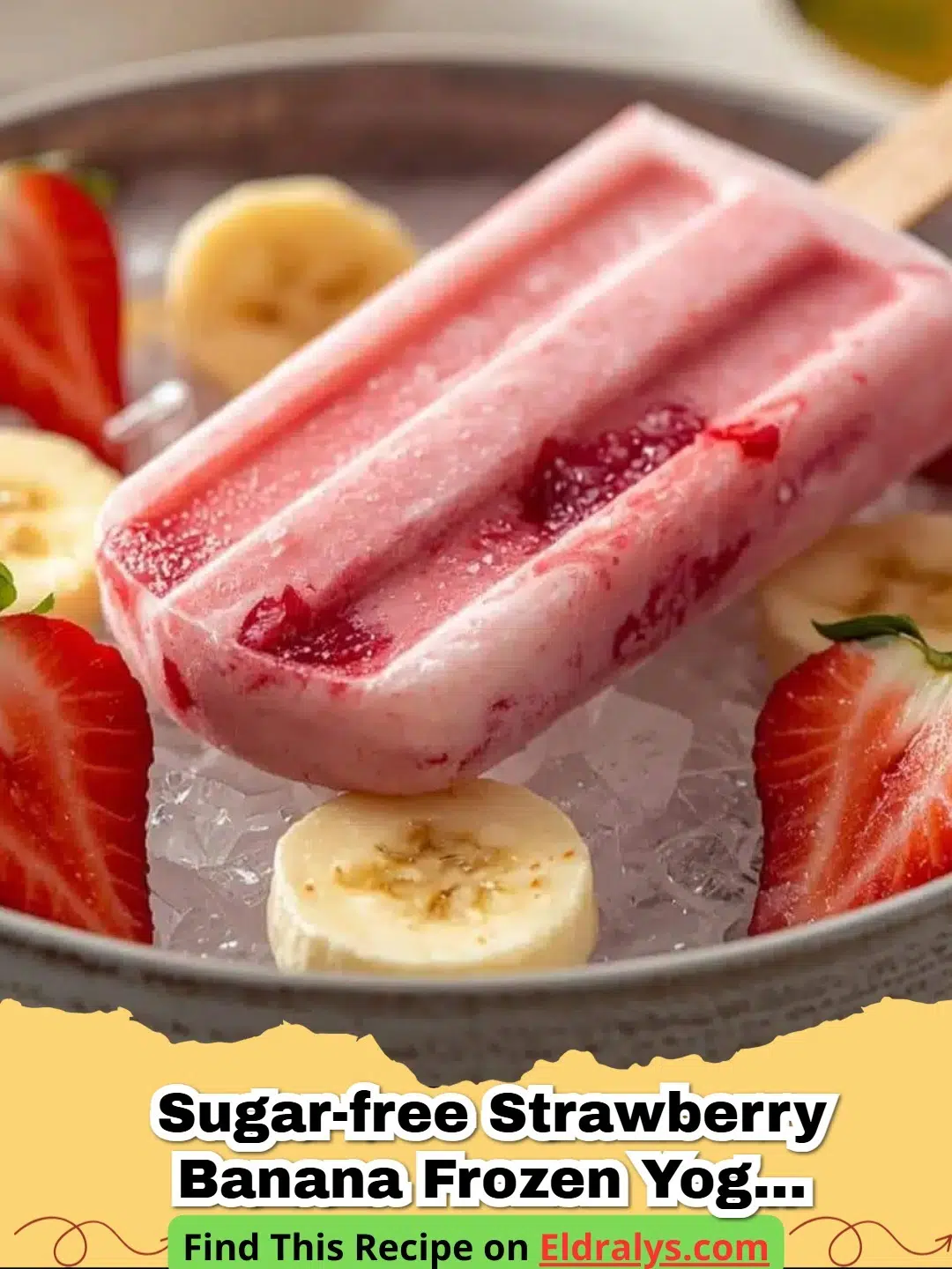 Sugar-Free Strawberry Banana Frozen Yogurt Pops for Toddlers lined up on a tray