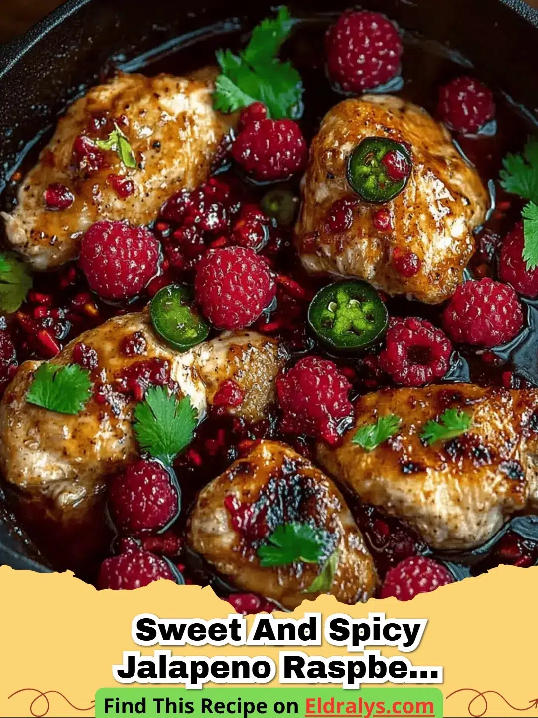 A close up of Sweet and Spicy Jalapeno Raspberry Chicken glistening with red glaze