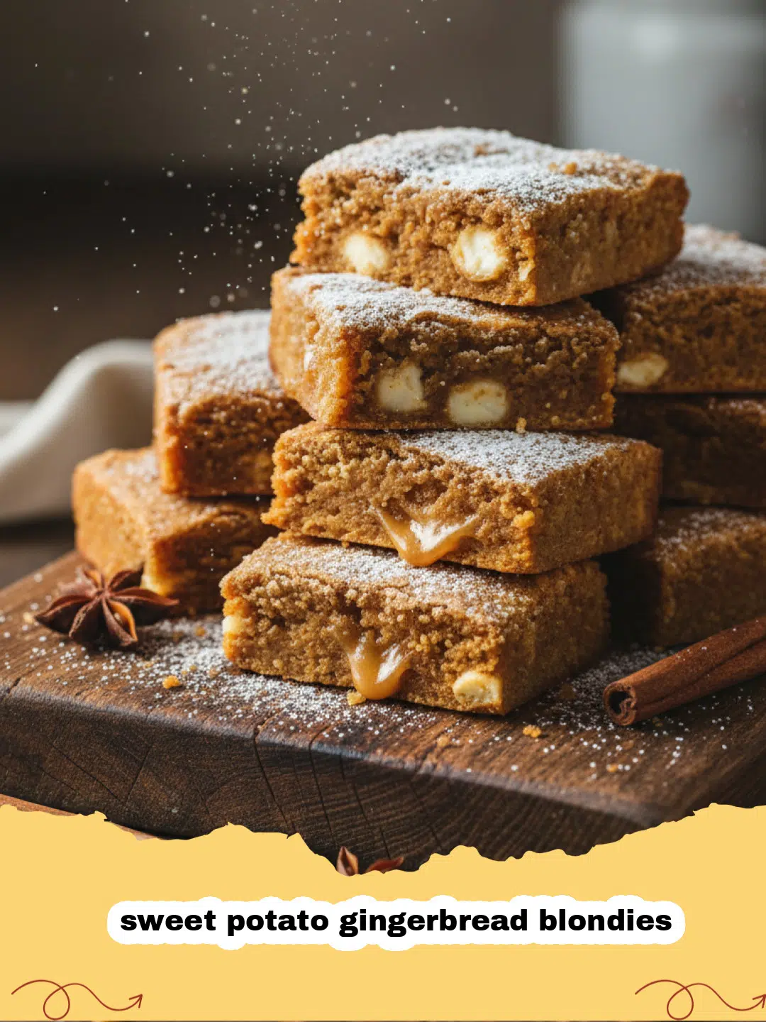 A close-up of several square-cut sweet potato gingerbread blondies stacked on a wooden board.