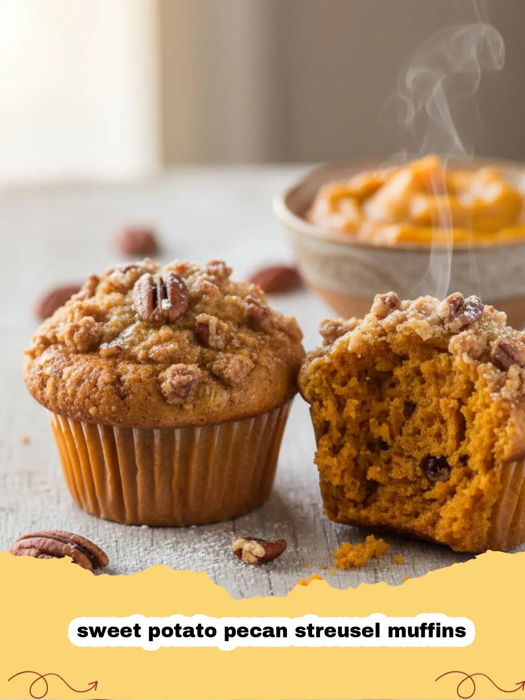 Freshly baked sweet potato pecan streusel muffins on a cooling rack