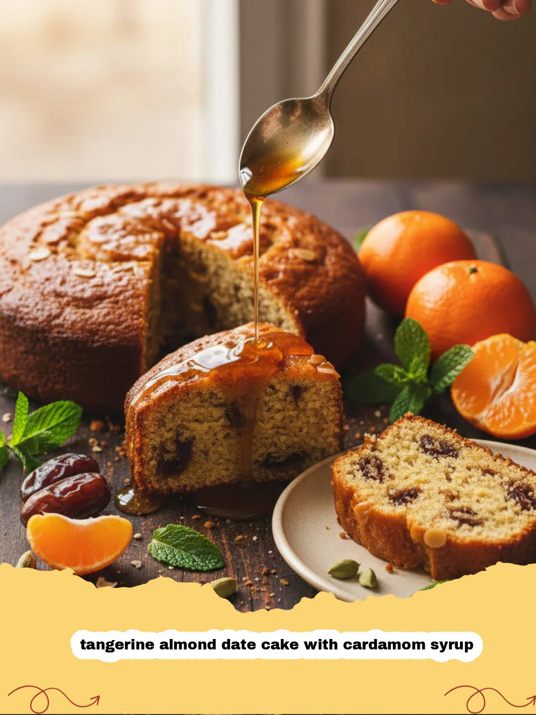 A golden brown tangerine almond date cake with cardamom syrup on a white platter garnished with orange zest.