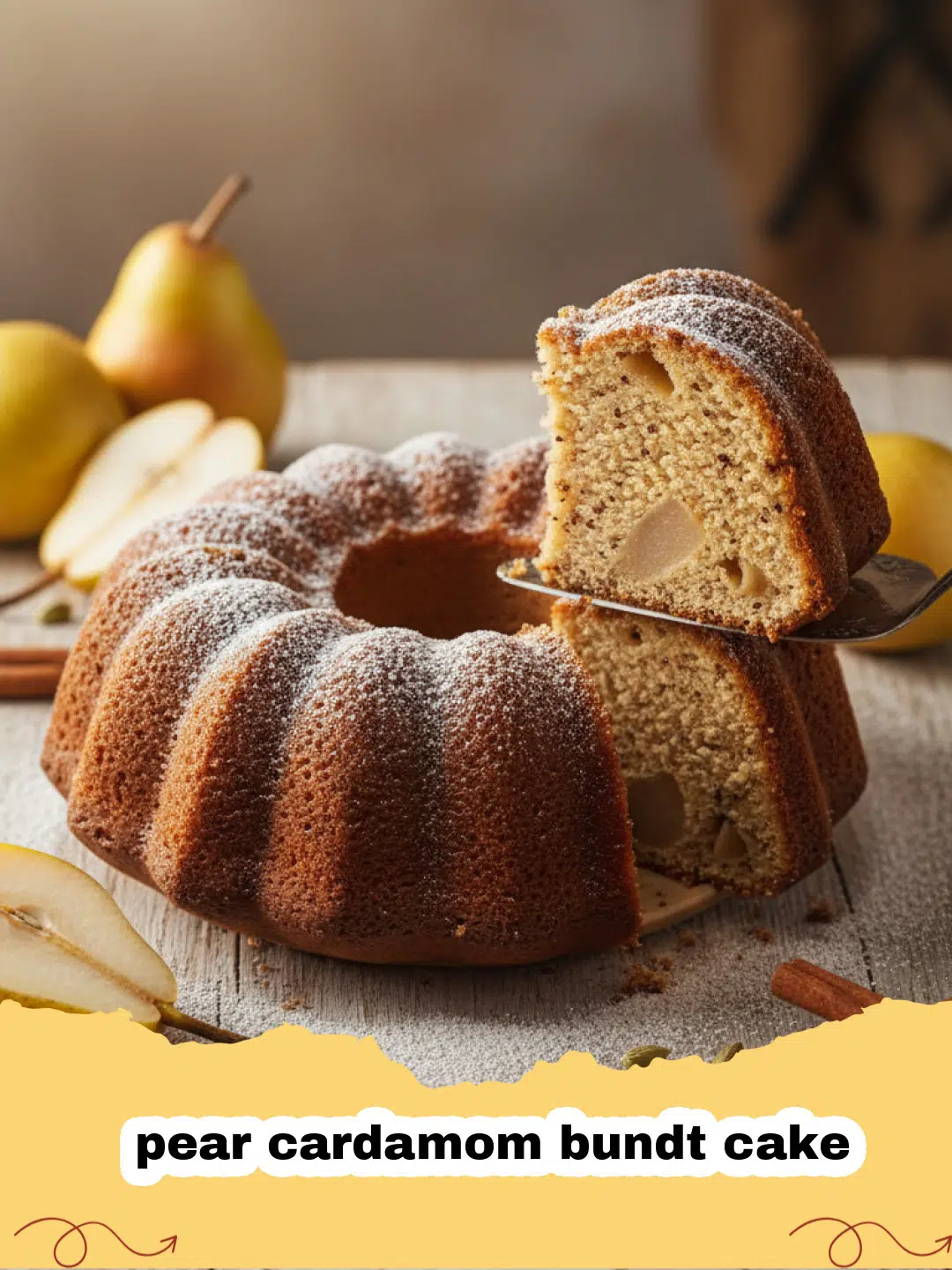 A golden brown pear cardamom bundt cake on a wire rack, dusted with powdered sugar.
