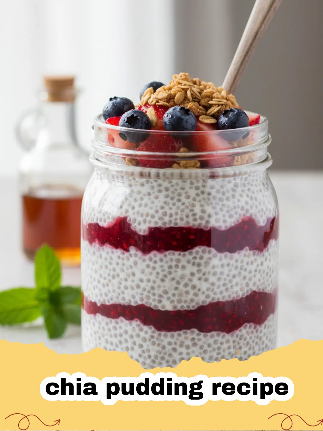 chia pudding recipe - A glass jar filled with creamy chia pudding topped with fresh raspberries and a mint leaf.